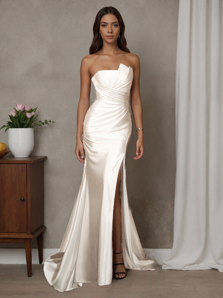 Cicinia Robe de Mariée Longue Fourreau Ivoire sans Bretelles Fente avec Traîne Balayée