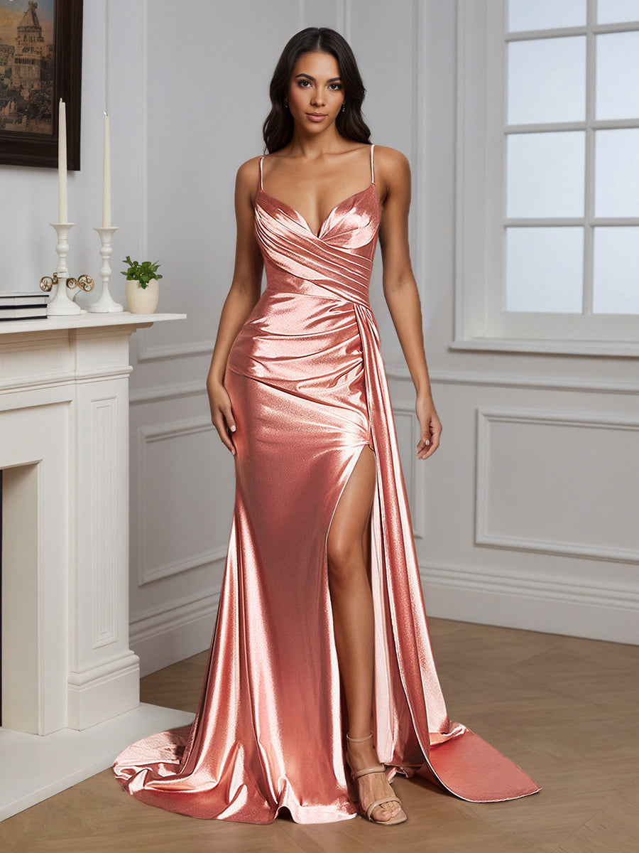 Cicinia Robe de Soirée ROSE POUDRE en Satin à Bretelles Spaghetti ruchée Décolleté en V avec Traîne Balayée