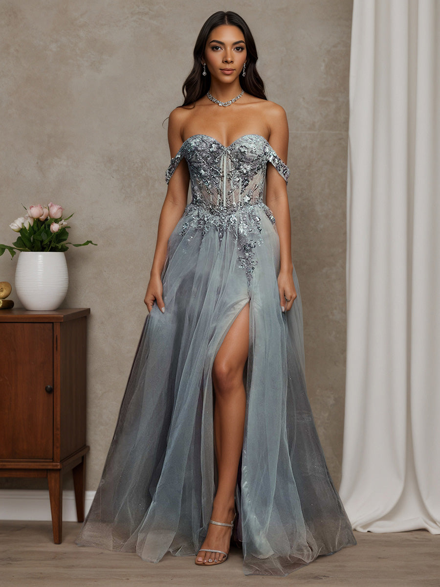 Cicinia Robe de Soirée GRIS Longue A-Line en Tulle Épaules Dénudées Fente Charmante