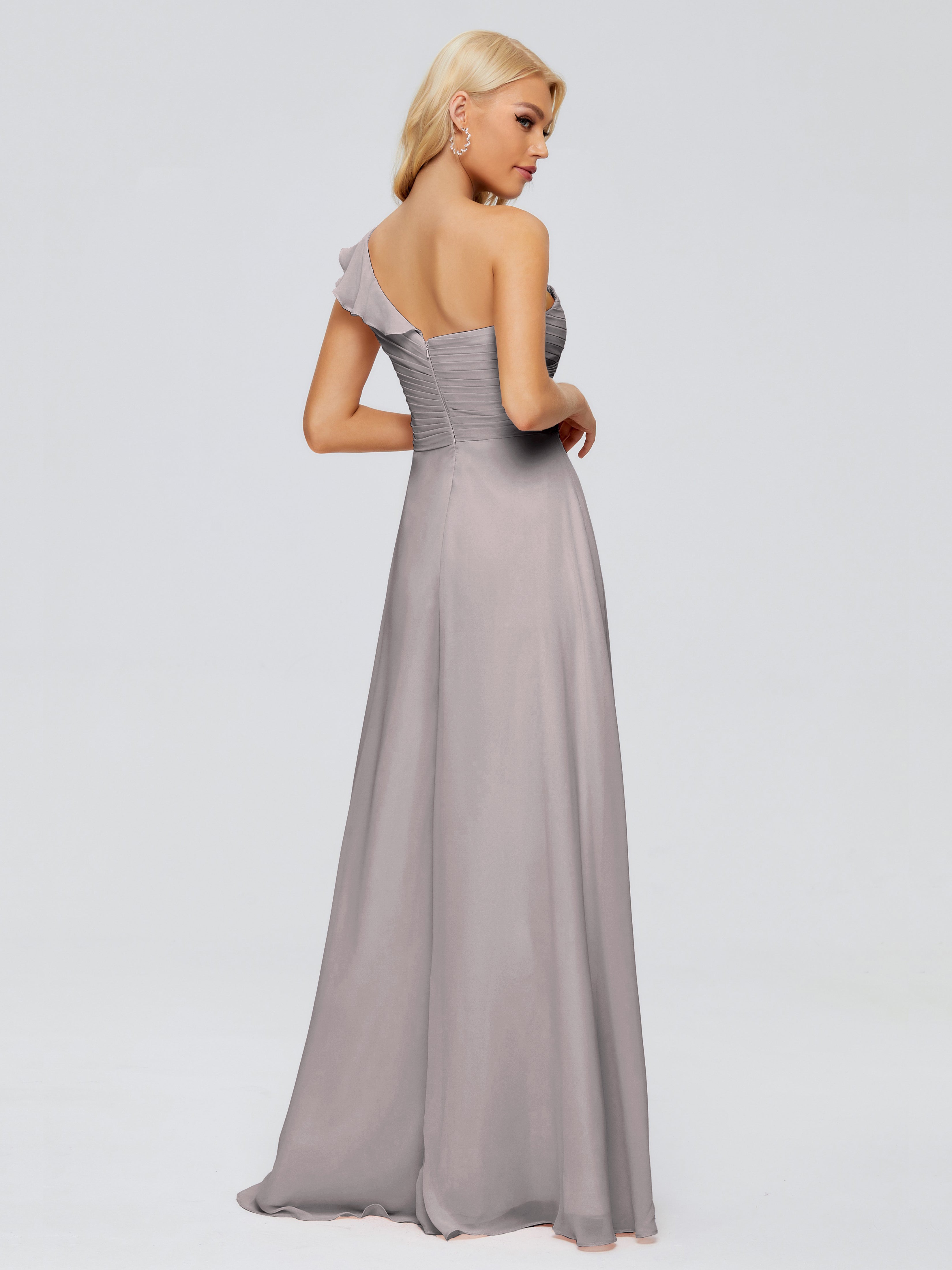 Robe Argentée Demoiselle D Honneur Seule-Épaule Mousseline Robes Demoiselle D'Honneur À Volants