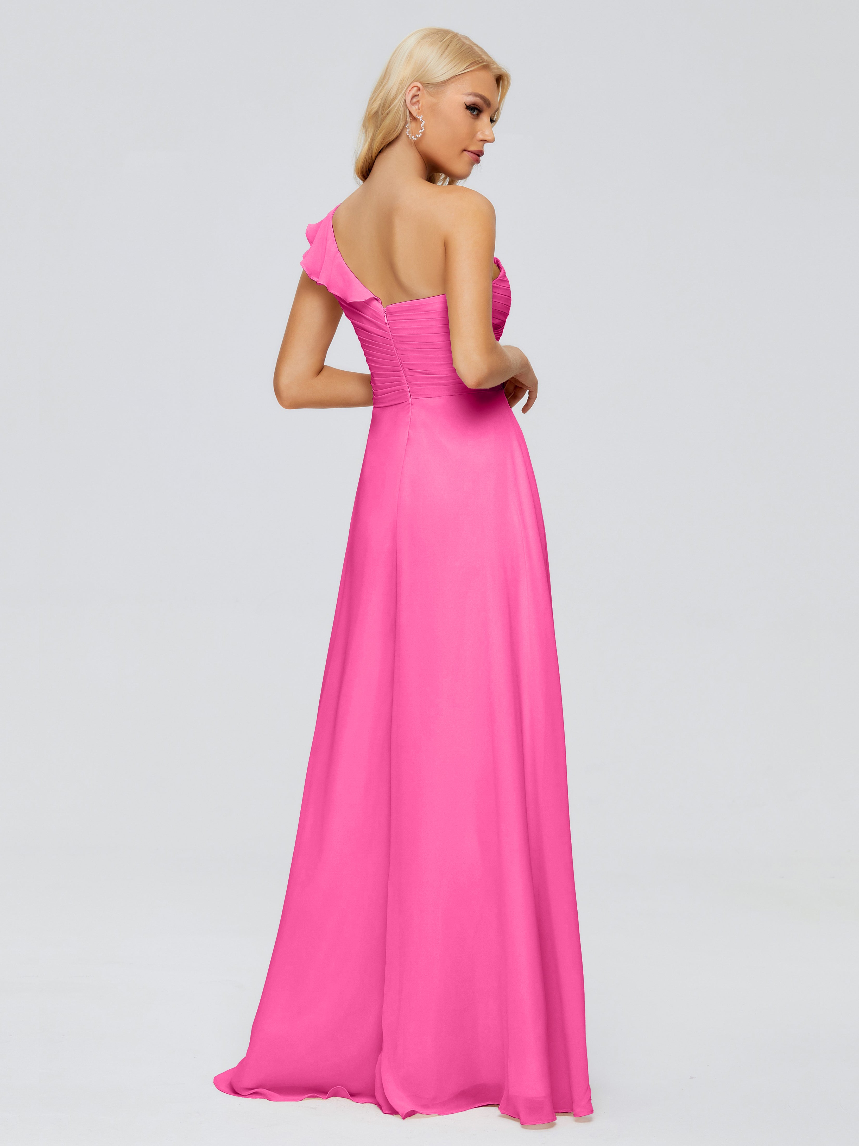 Robe Demoiselle D Honneur En Azalée Seule-Épaule Mousseline Robes Demoiselle D'Honneur À Volants