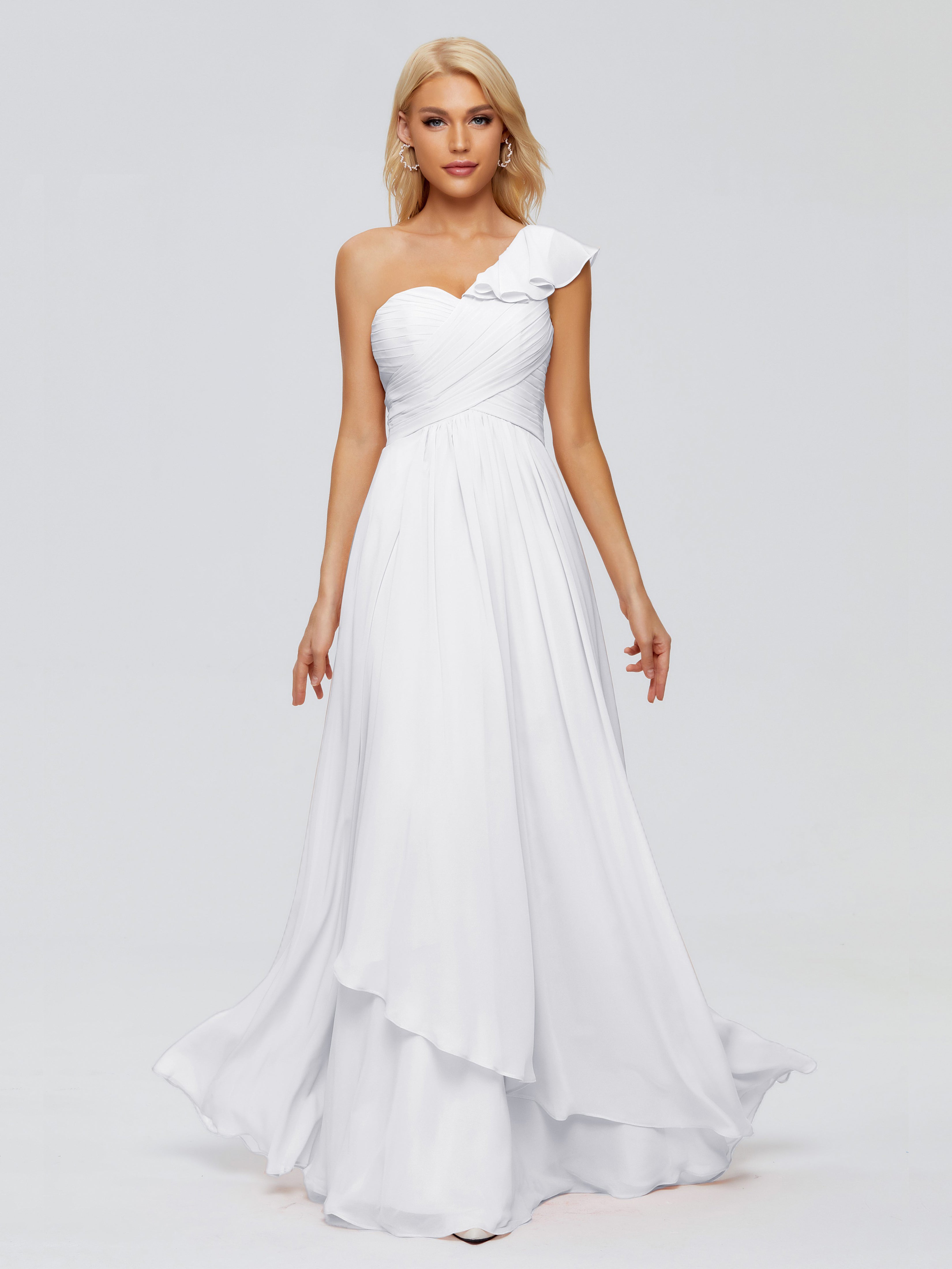 Robe Blanche Demoiselle D Honneur Seule-Épaule Mousseline Robes Demoiselle D'Honneur À Volants