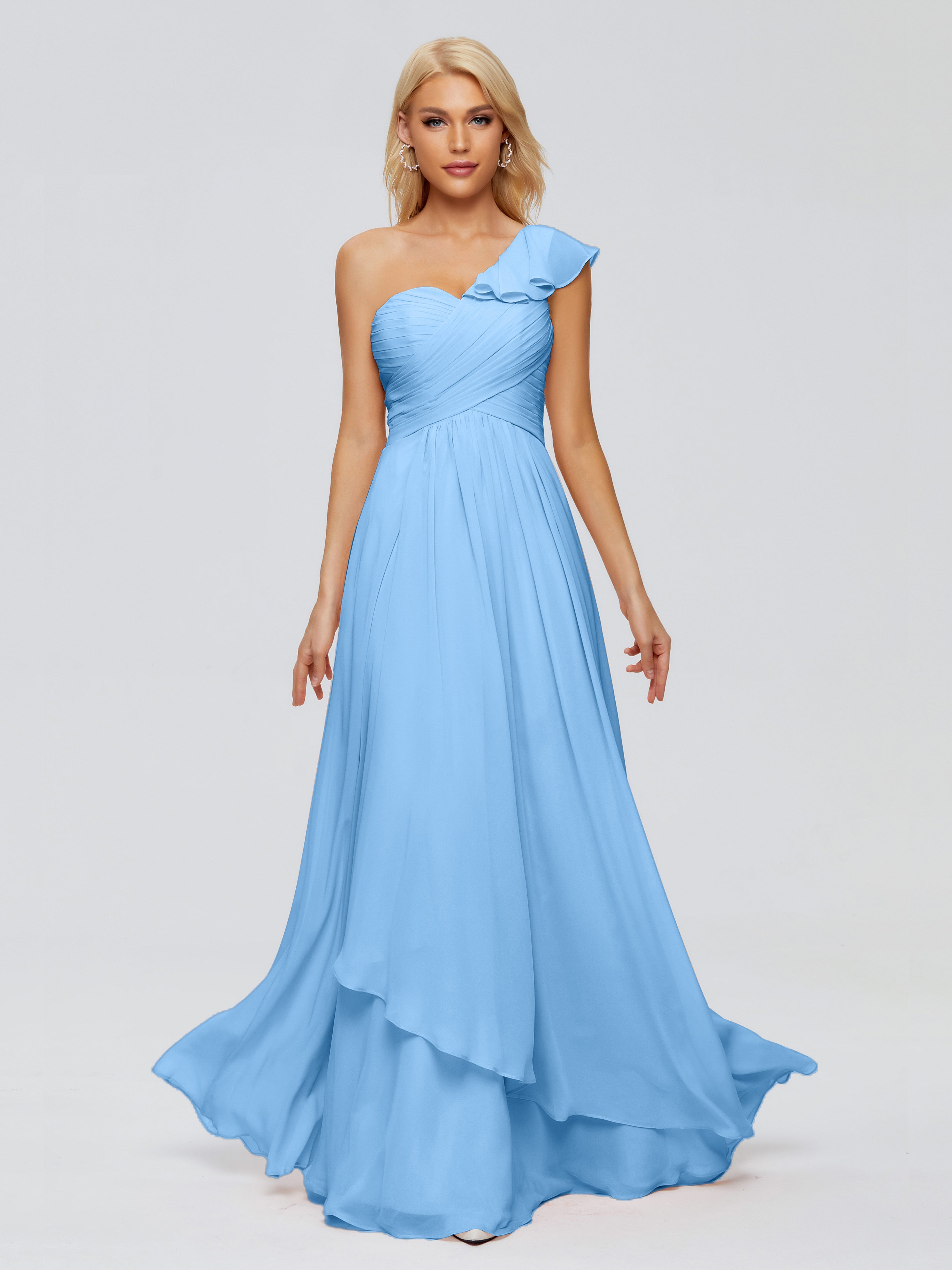 Robes De Demoiselle D'Honneur Bleu Bébé Seule-Épaule Mousseline Robes Demoiselle D'Honneur À Volants