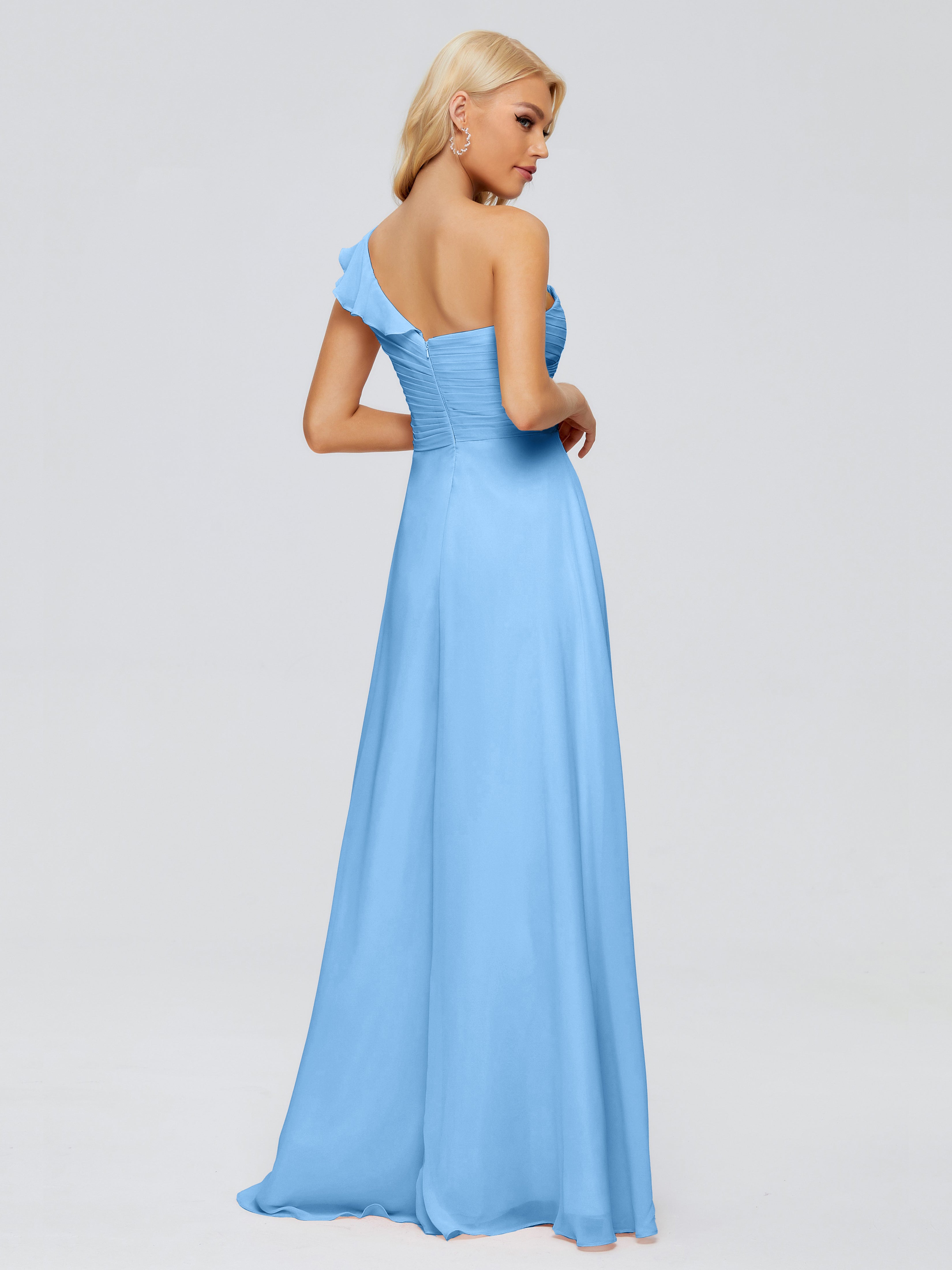 Robes De Demoiselle D'Honneur Bleu Bébé Seule-Épaule Mousseline Robes Demoiselle D'Honneur À Volants