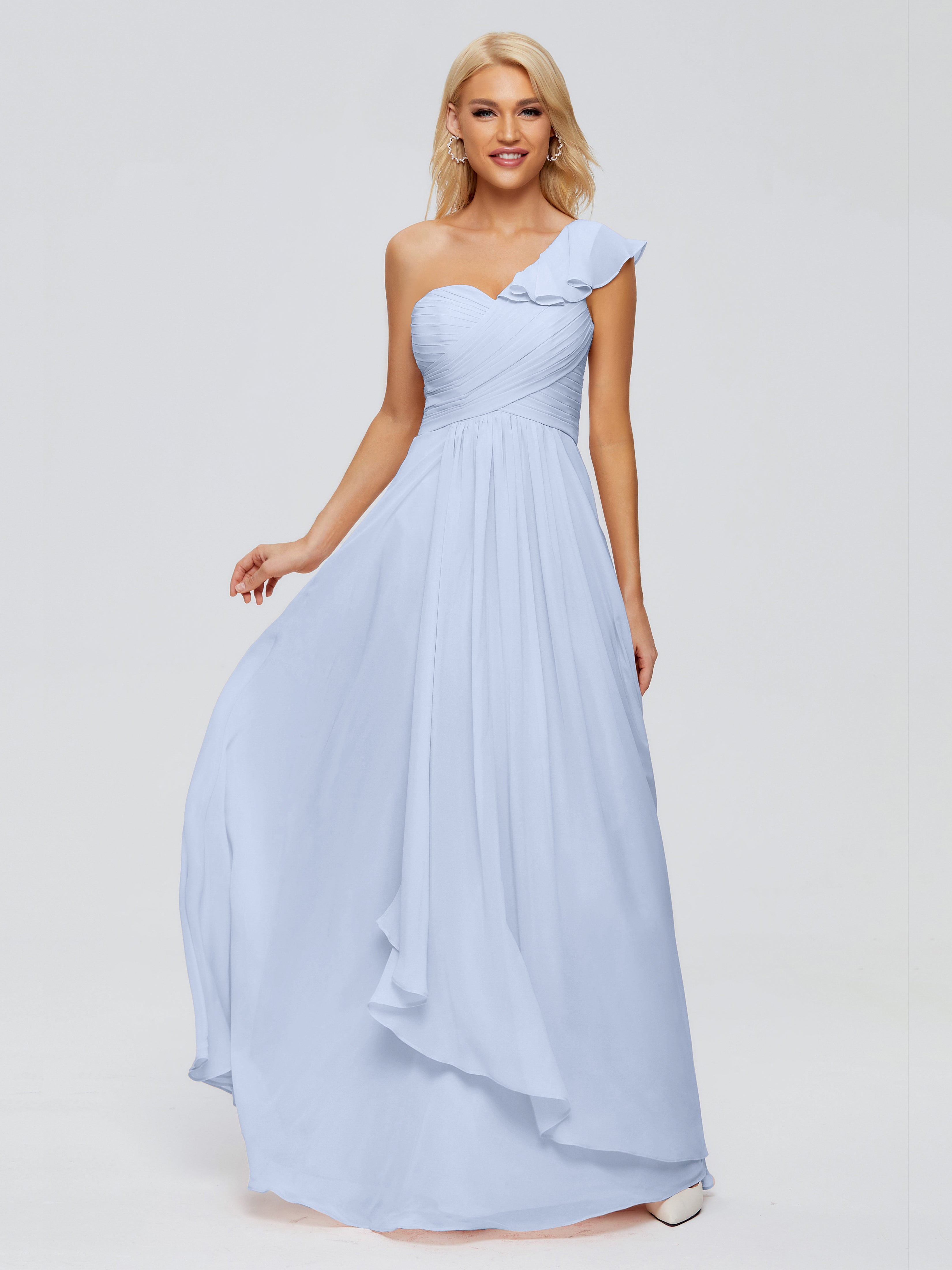 Demoiselle D Honneur Bleu Ciel Seule-Épaule Mousseline Robes Demoiselle D'Honneur À Volants