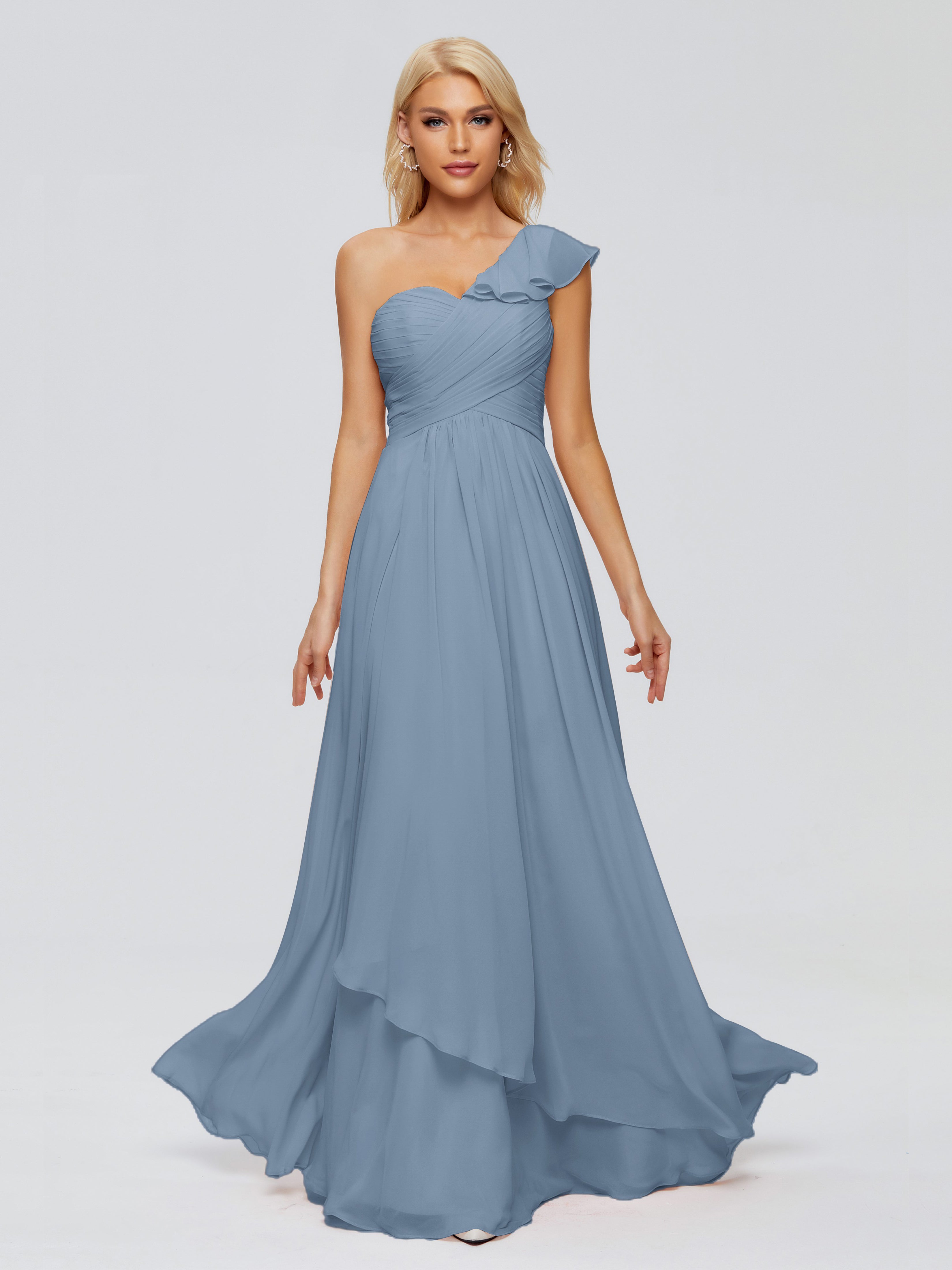 Robes De Demoiselle D'Honneur Bleu De Schiste Seule-Épaule Mousseline Robes Demoiselle D'Honneur À Volants