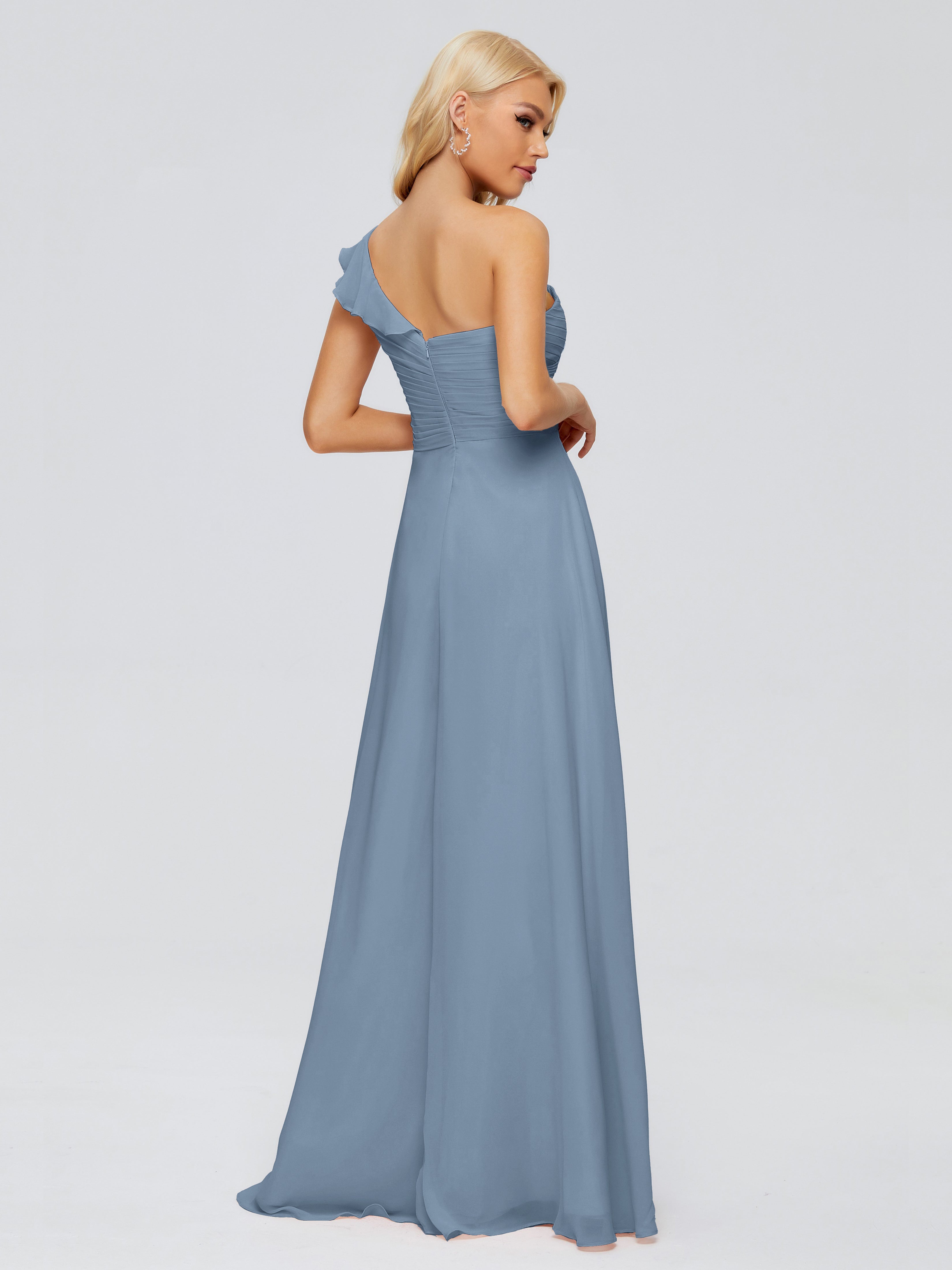 Robes De Demoiselle D'Honneur Bleu De Schiste Seule-Épaule Mousseline Robes Demoiselle D'Honneur À Volants