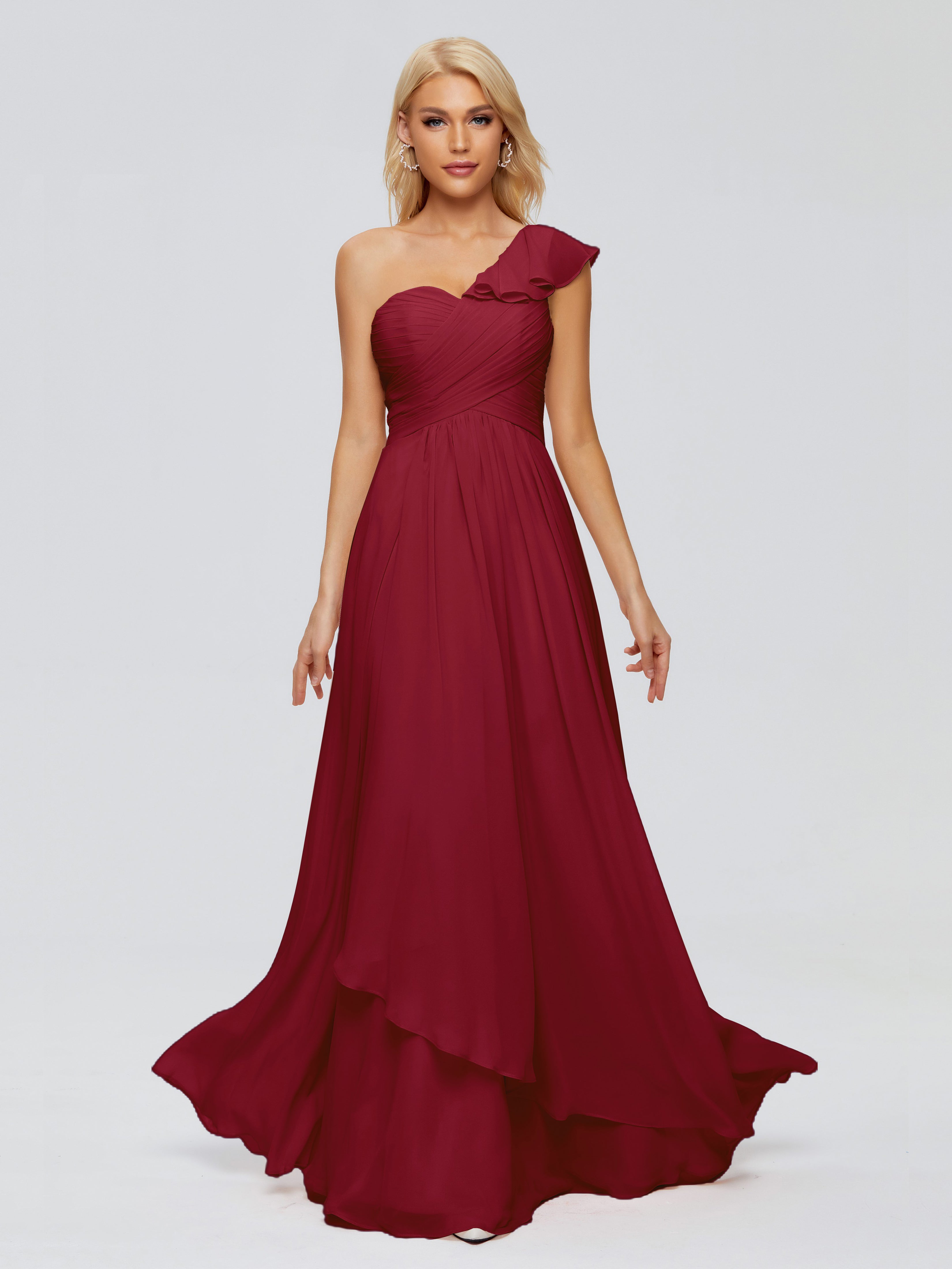 Robes De Demoiselle D'Honneur Couleur Bordeaux Seule-Épaule Mousseline Robes Demoiselle D'Honneur À Volants