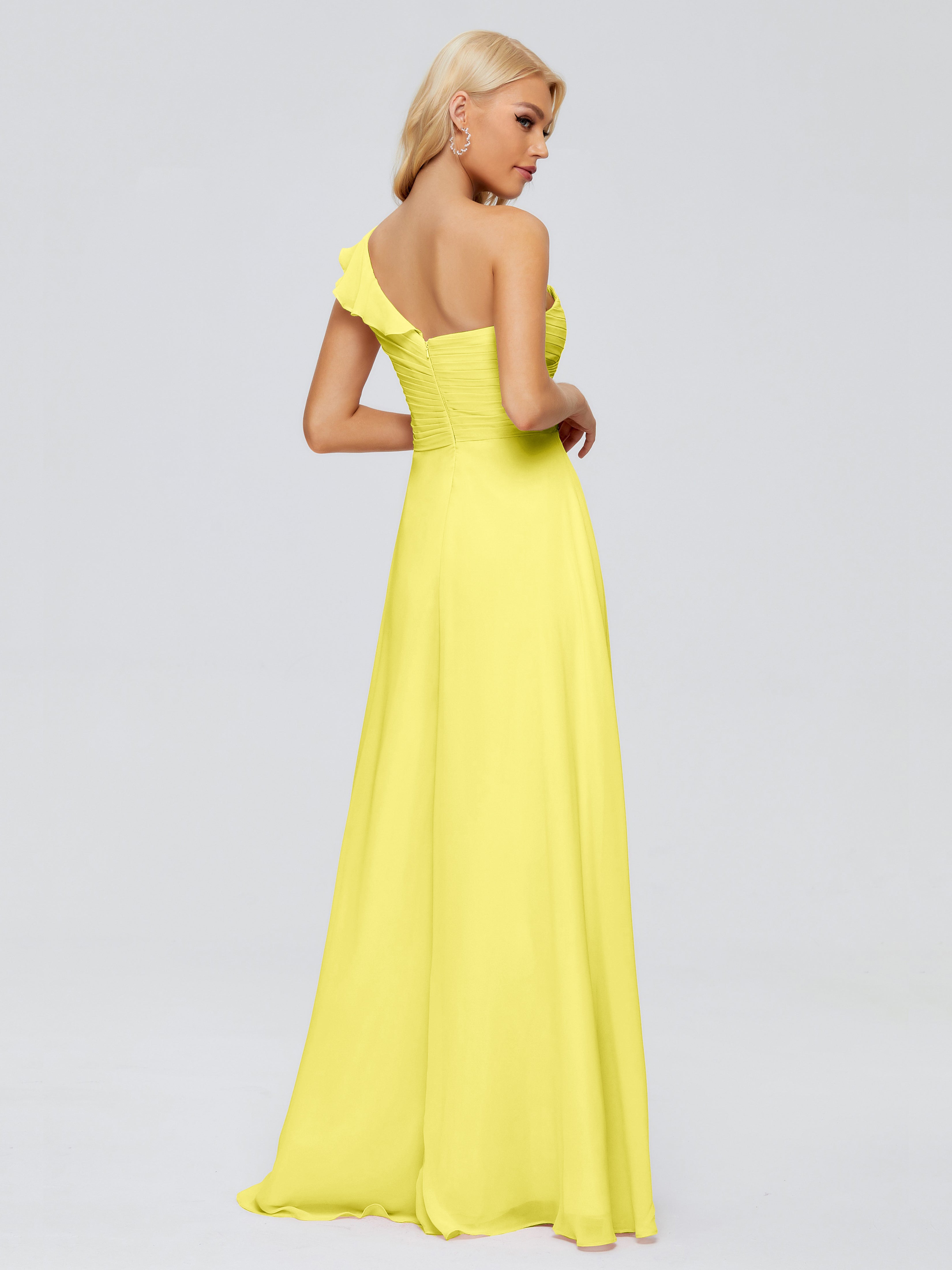 Robes De Demoiselle D'Honneur Citron Seule-Épaule Mousseline Robes Demoiselle D'Honneur À Volants