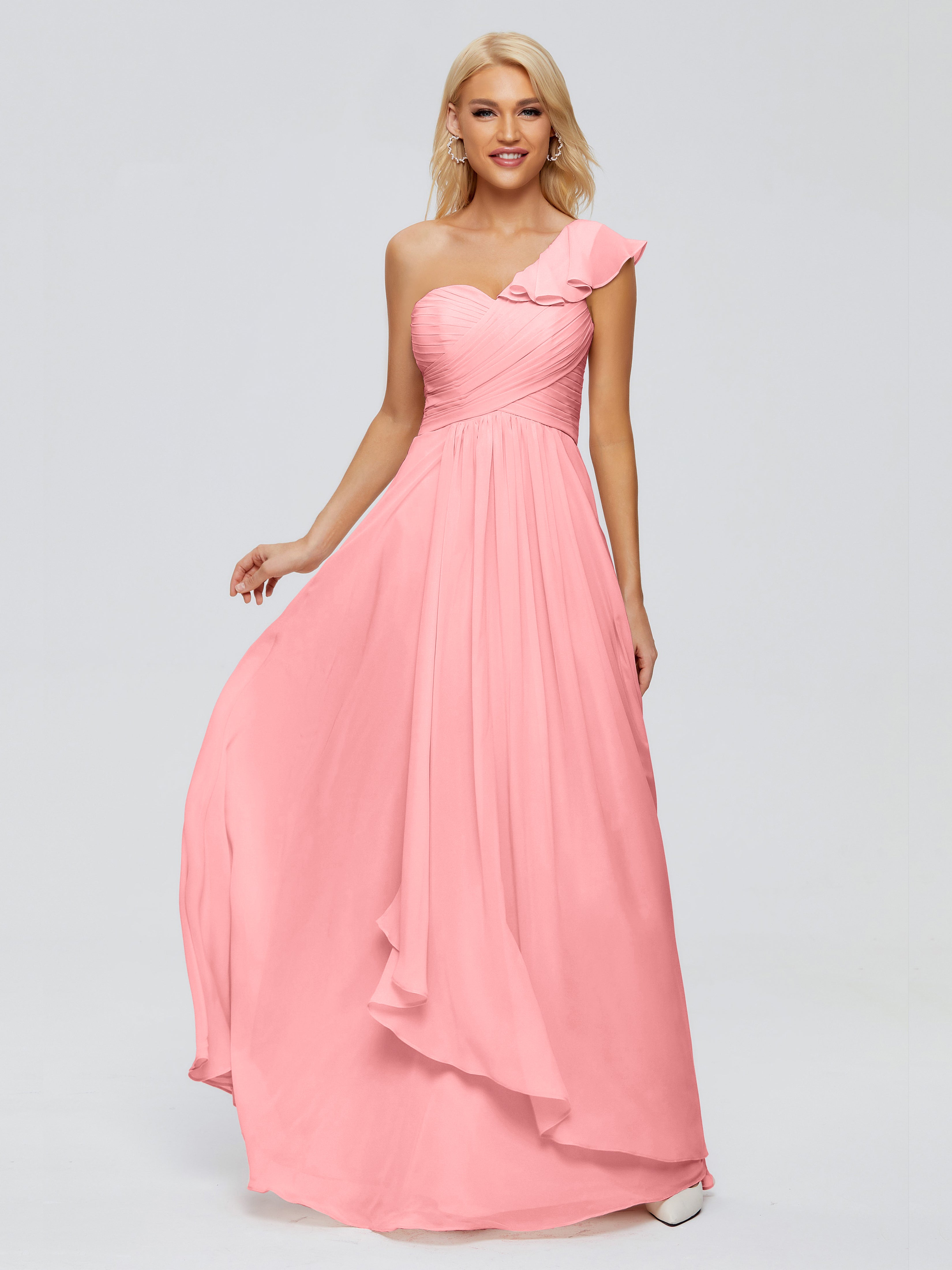 Robes De Demoiselle D'Honneur En Flamant Seule-Épaule Mousseline Robes Demoiselle D'Honneur À Volants