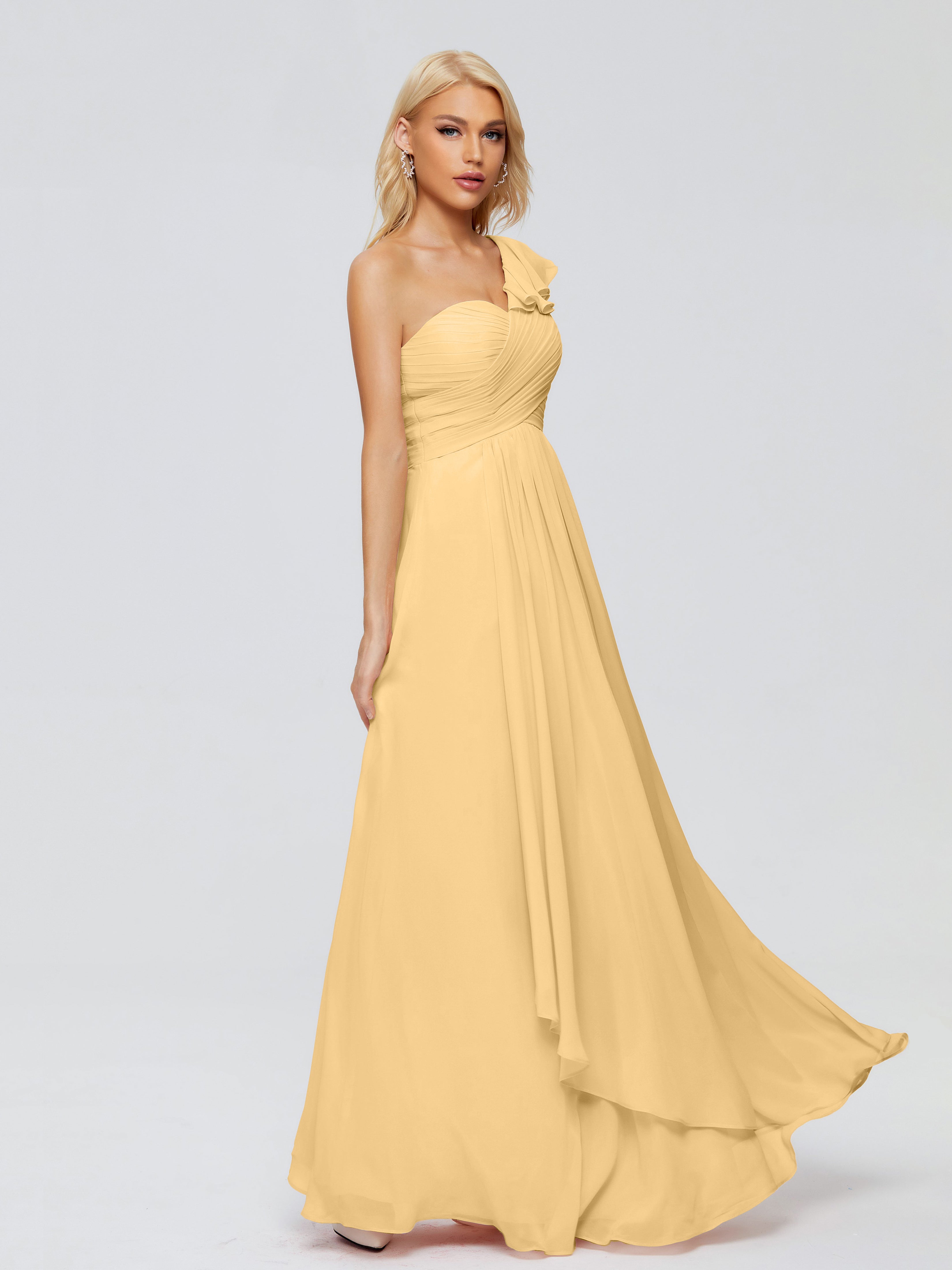 Robes De Demoiselle D'Honneur Élégantes En Or Seule-Épaule Mousseline Robes Demoiselle D'Honneur À Volants