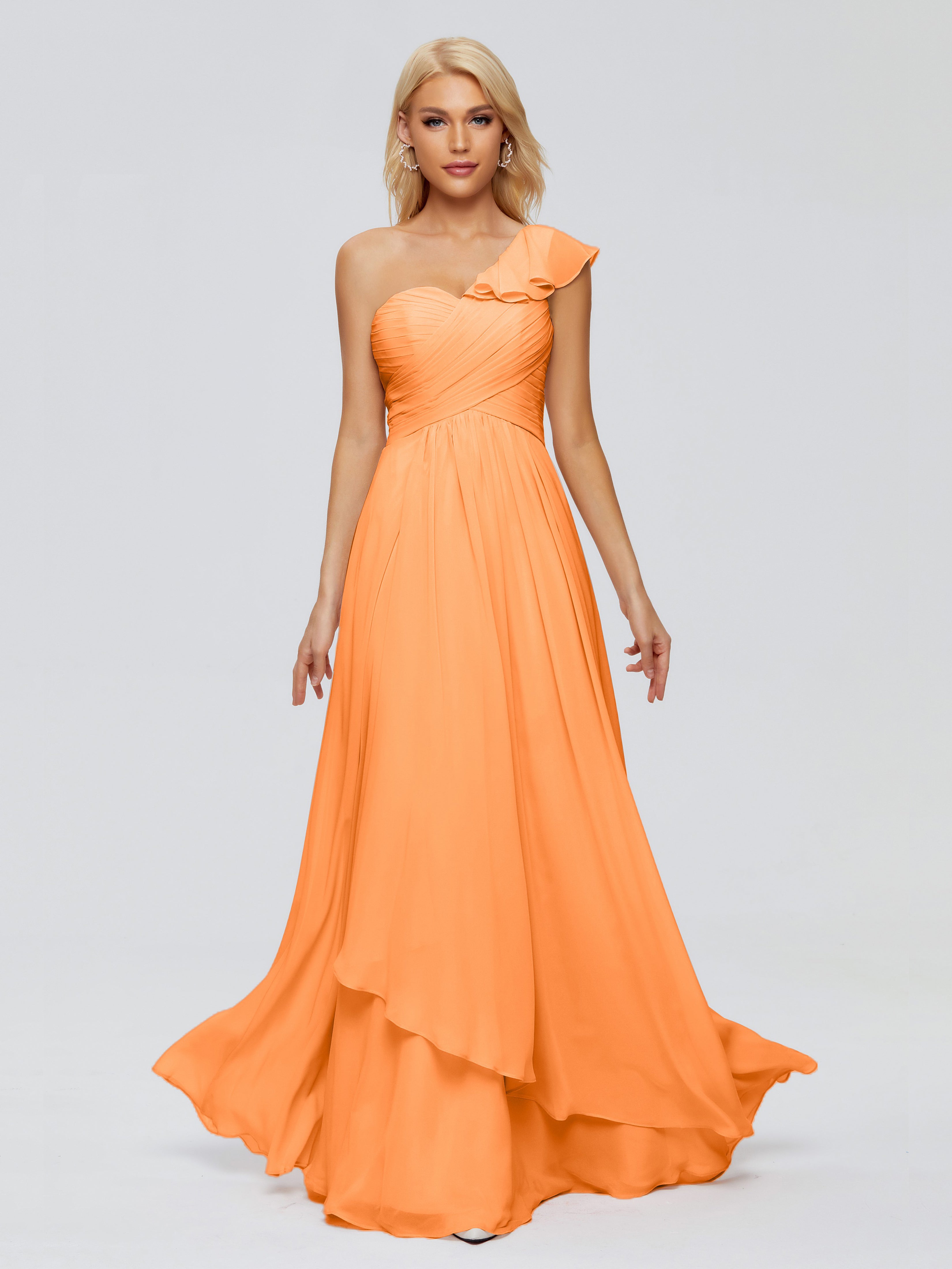 Robe Orange Demoiselle D Honneur Seule-Épaule Mousseline Robes Demoiselle D'Honneur À Volants