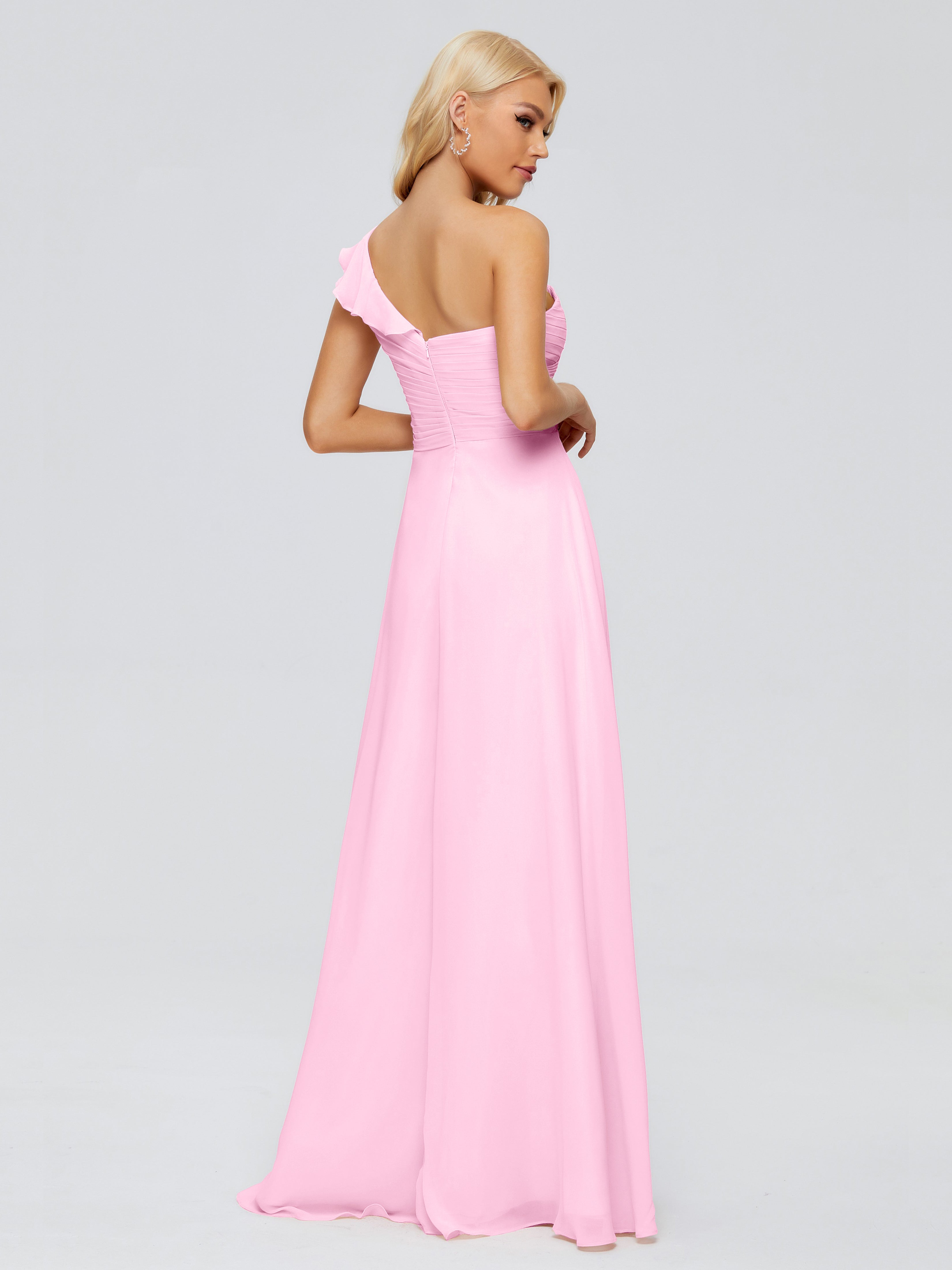 Robe Demoiselle D Honneur Rose Bonbon Seule-Épaule Mousseline Robes Demoiselle D'Honneur À Volants