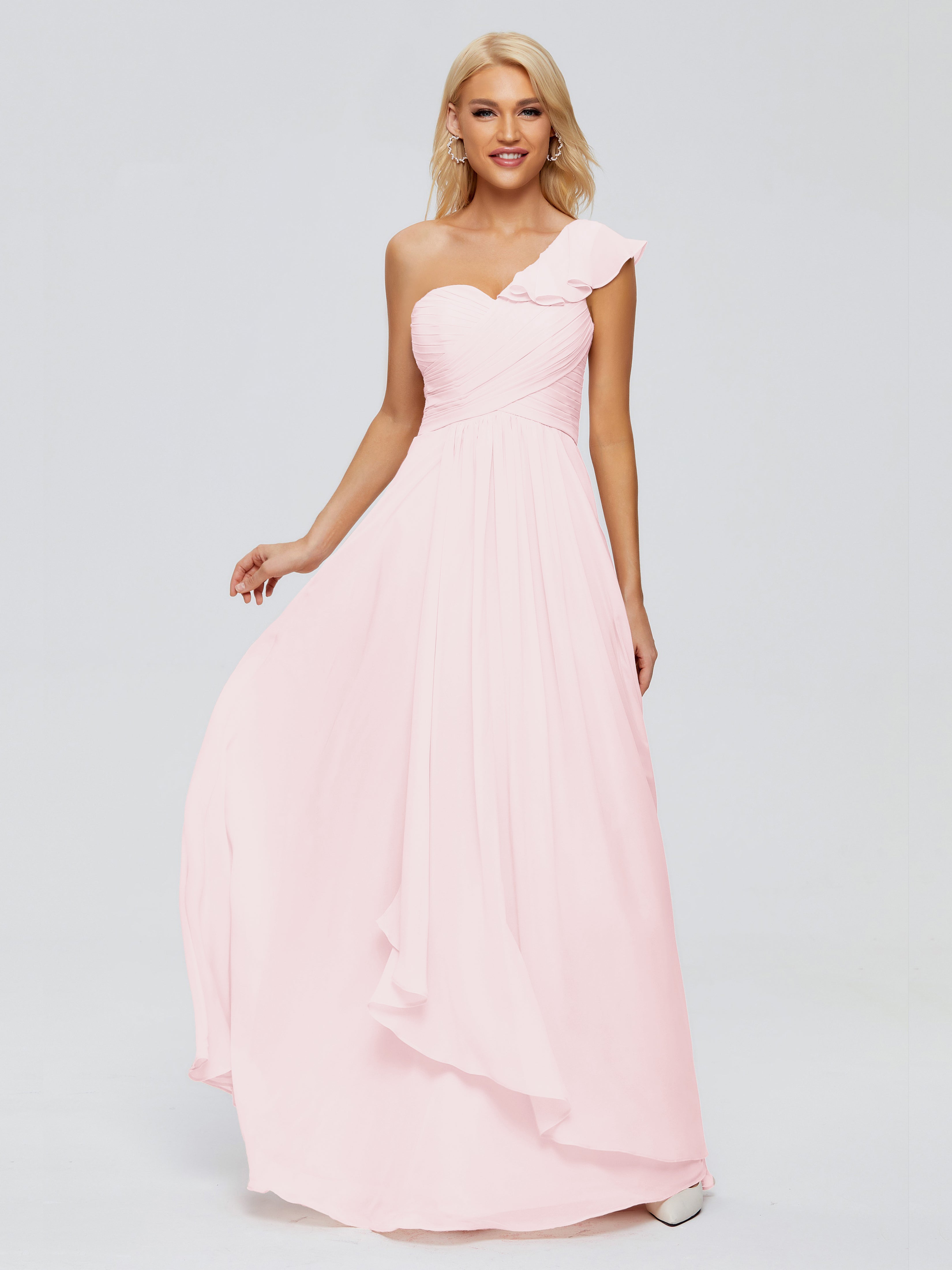 Robe De Demoiselle D Honneur Rose Pale Seule-Épaule Mousseline Robes Demoiselle D'Honneur À Volants