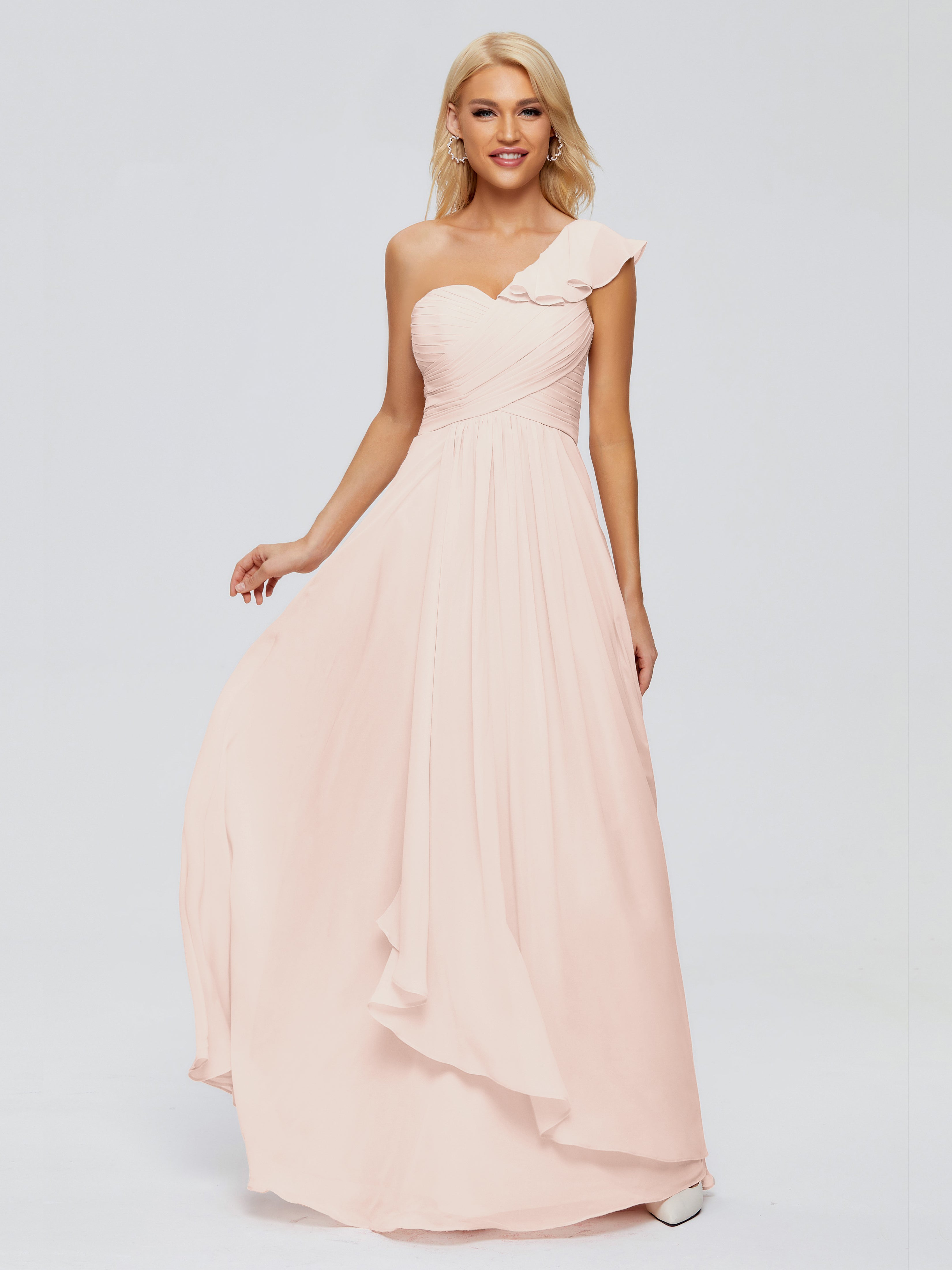 Robe Demoiselle D Honneur Rose Perle Seule-Épaule Mousseline Robes Demoiselle D'Honneur À Volants