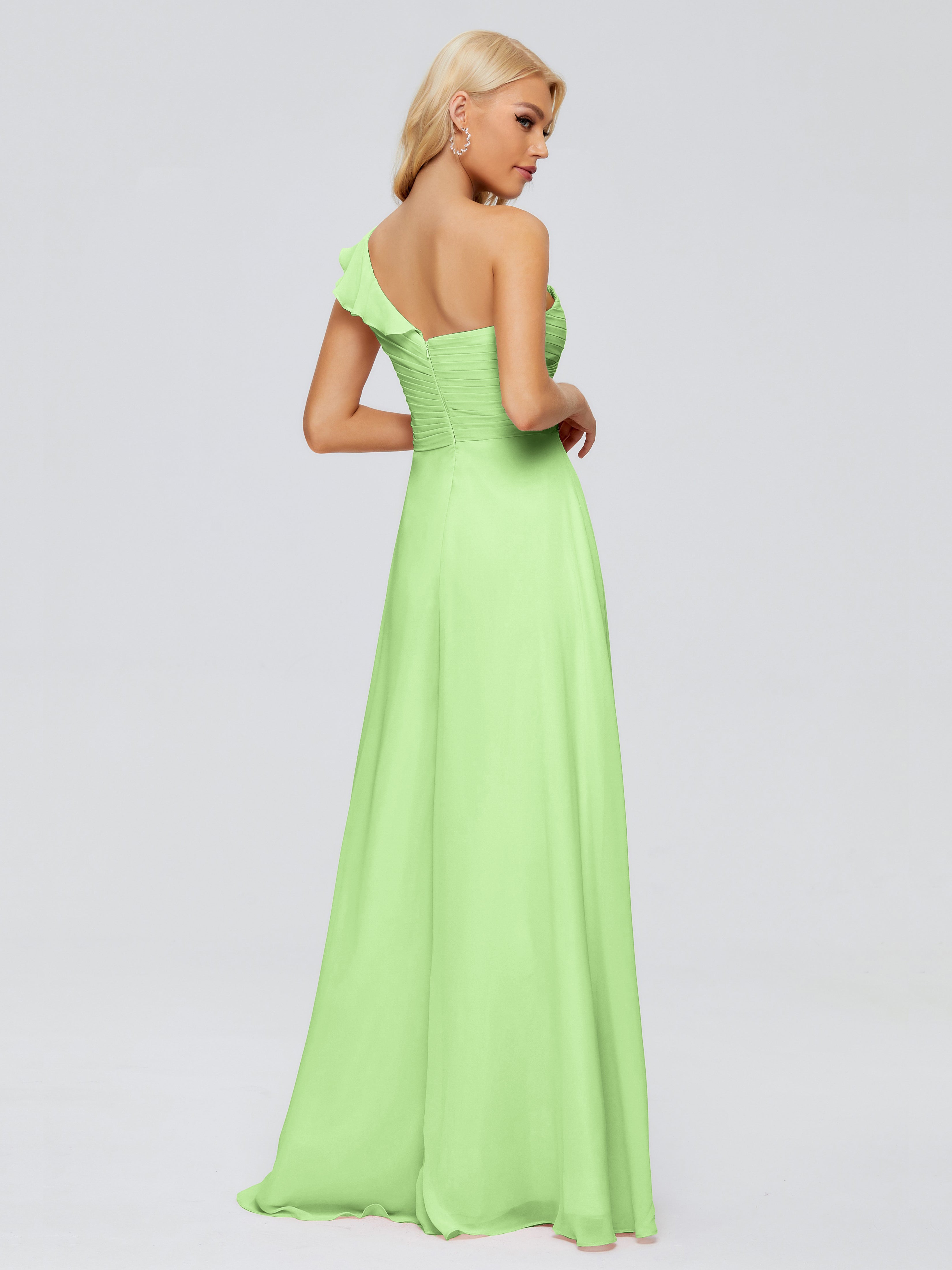 Robe Vert Sauge Demoiselle D Honneur Seule-Épaule Mousseline Robes Demoiselle D'Honneur À Volants