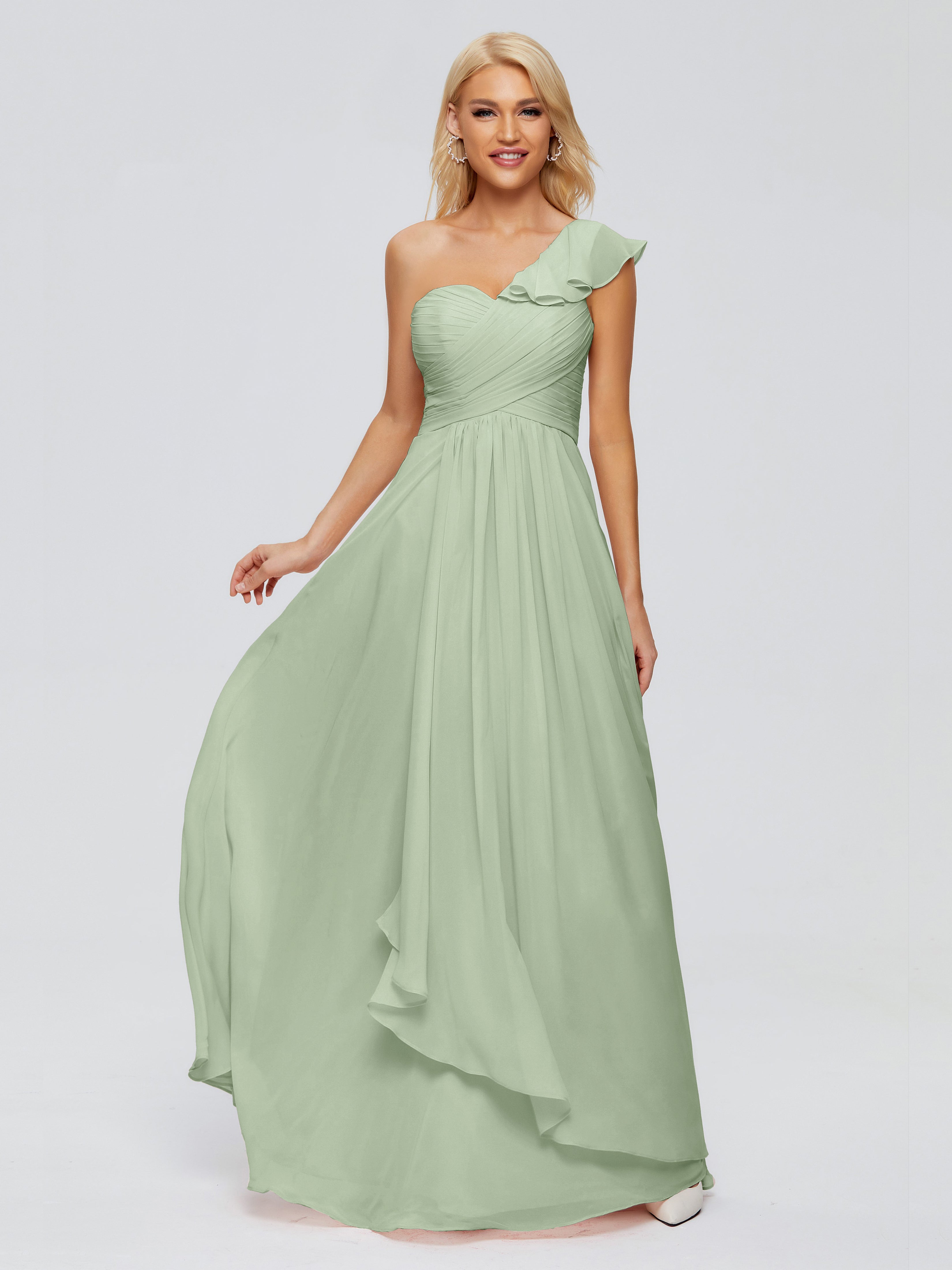 Toutes Les Robes De Demoiselle D'Honneur De Sauge Poussiéreuse Seule-Épaule Mousseline Robes Demoiselle D'Honneur À Volants