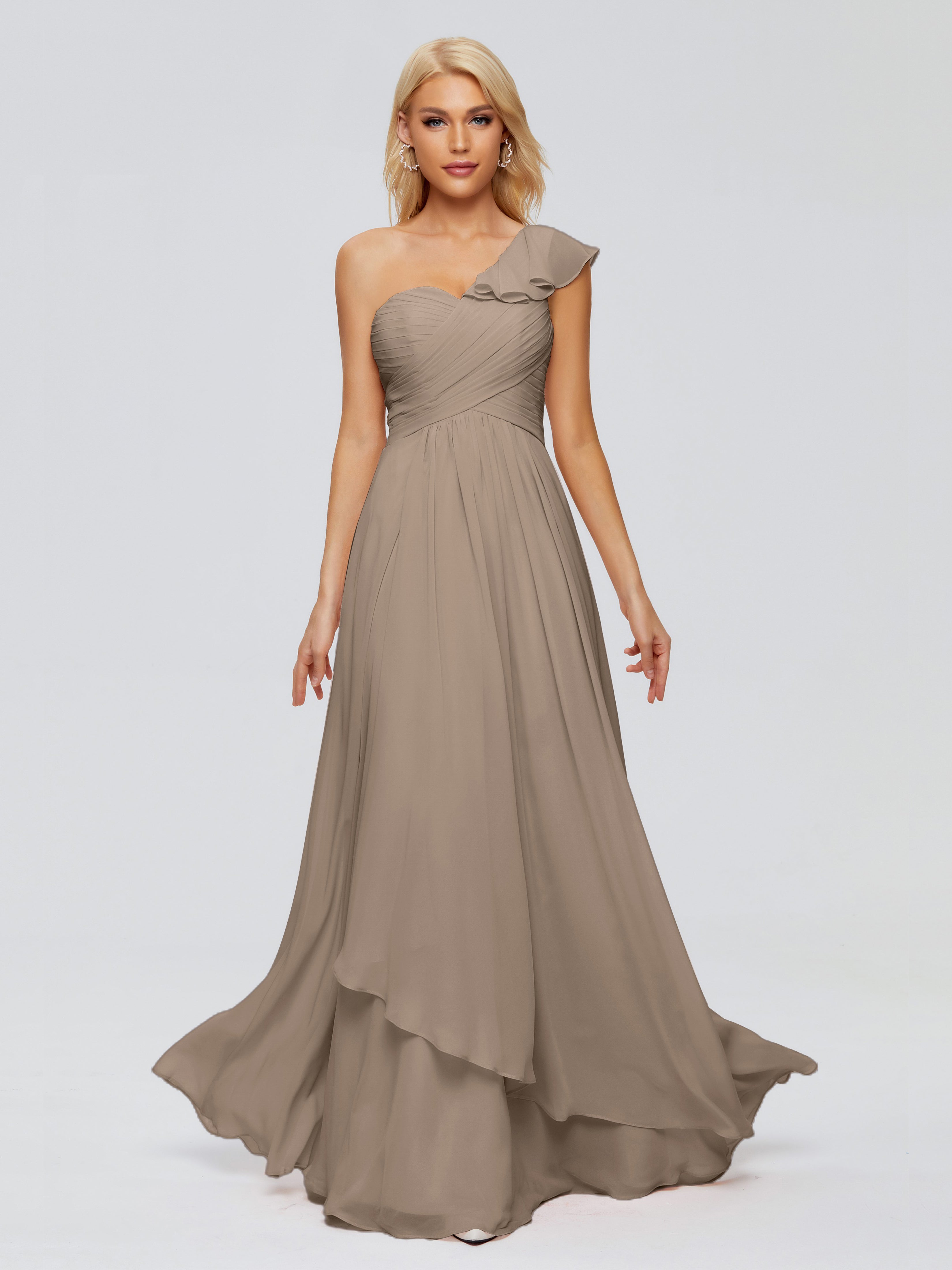 Robe Demoiselle D Honneur Taupe Seule-Épaule Mousseline Robes Demoiselle D'Honneur À Volants