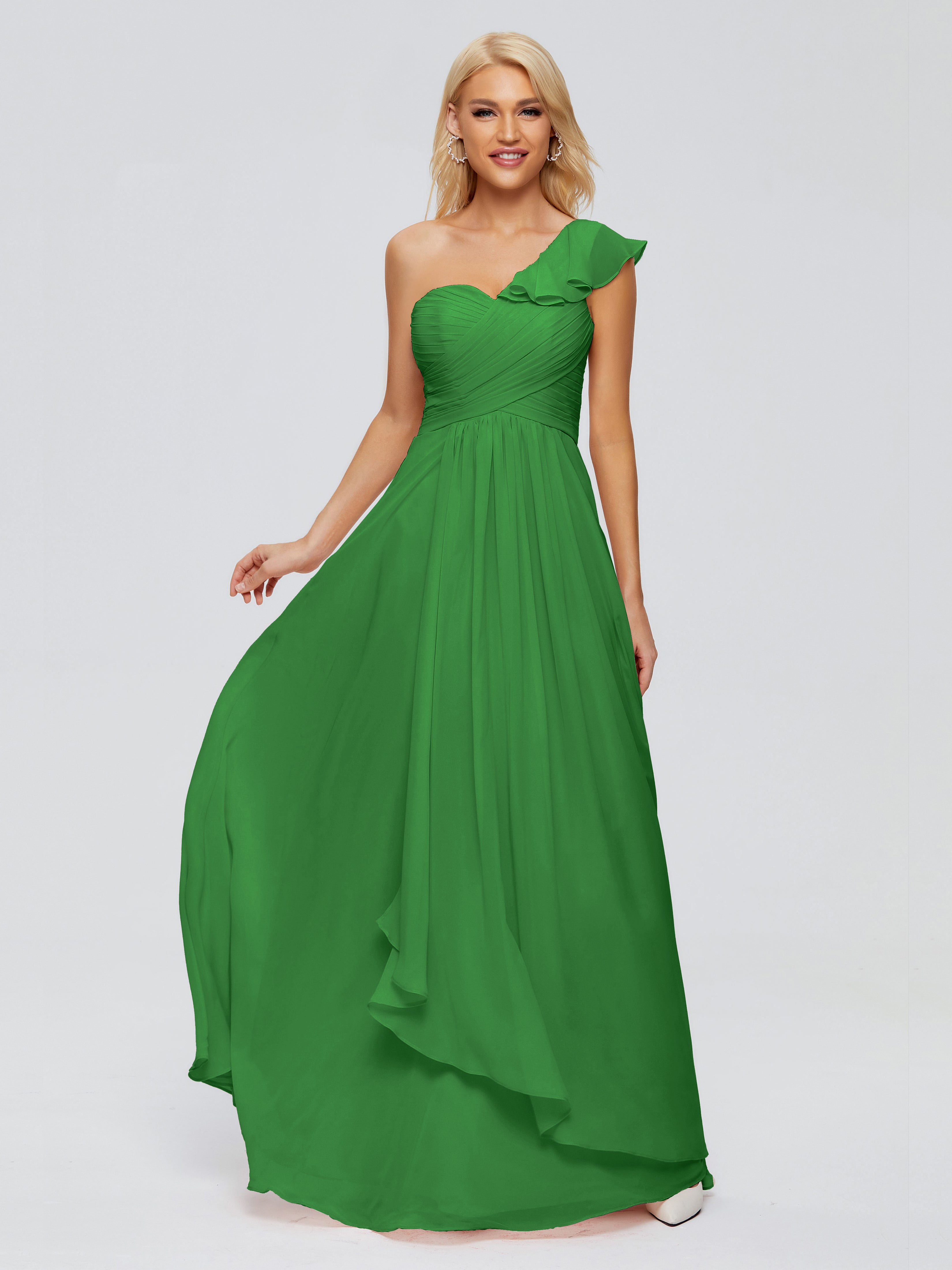 Robe De Demoiselle D'Honneur Verte Seule-Épaule Mousseline Robes Demoiselle D'Honneur À Volants