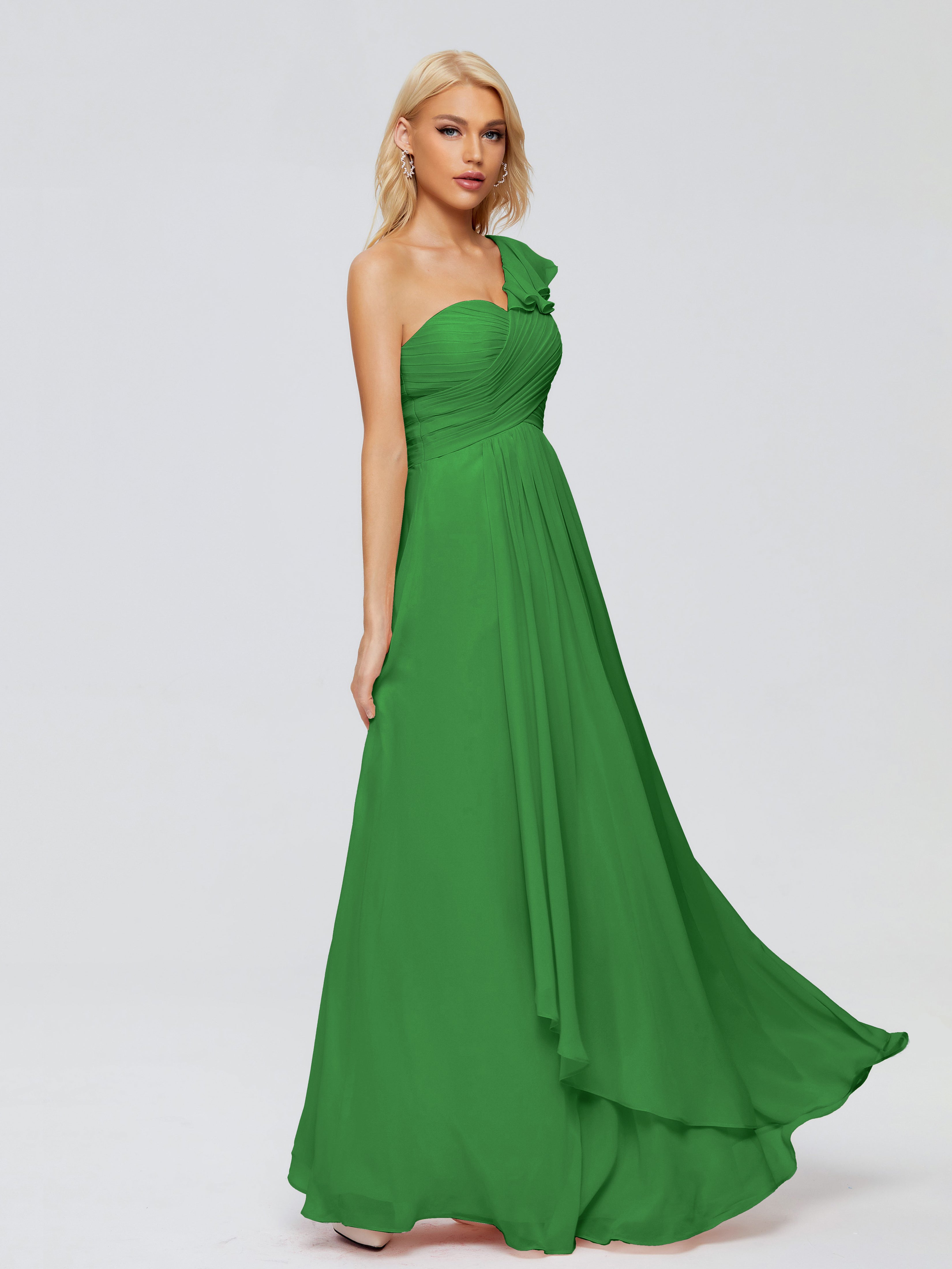Robe De Demoiselle D'Honneur Verte Seule-Épaule Mousseline Robes Demoiselle D'Honneur À Volants