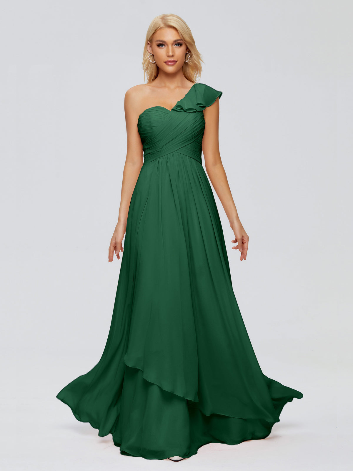 Robe Demoiselle D Honneur Vert Foncé Seule-Épaule Mousseline Robes Demoiselle D'Honneur À Volants