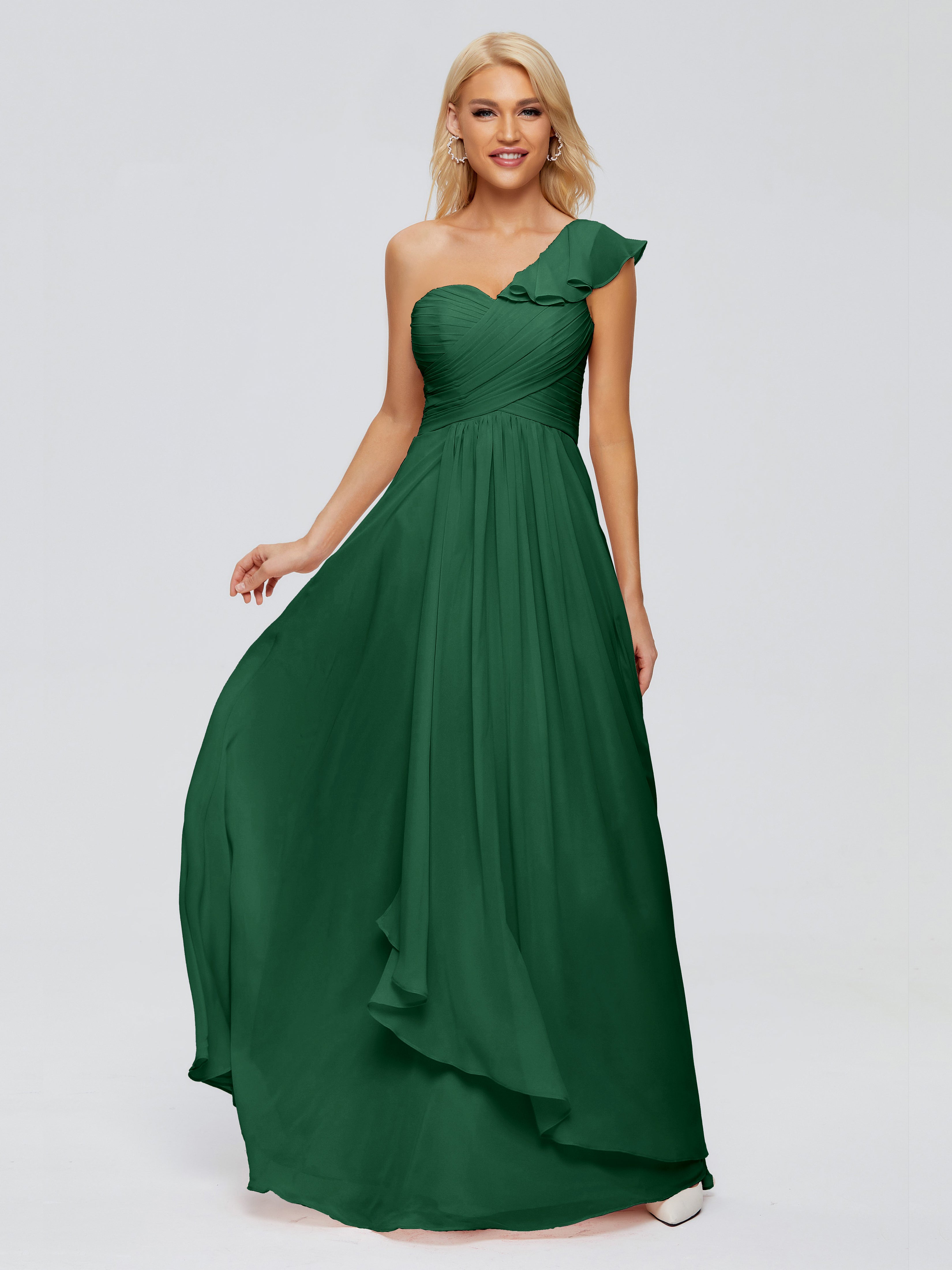 Robe Demoiselle D Honneur Vert Foncé Seule-Épaule Mousseline Robes Demoiselle D'Honneur À Volants