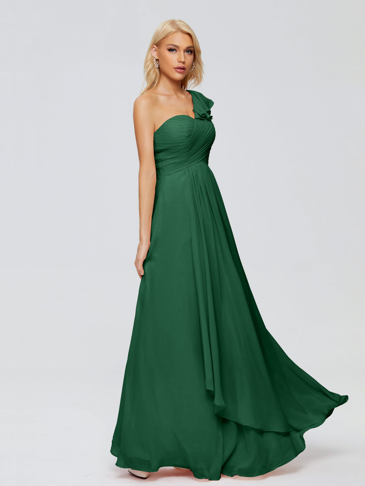 Robe Demoiselle D Honneur Vert Foncé Seule-Épaule Mousseline Robes Demoiselle D'Honneur À Volants