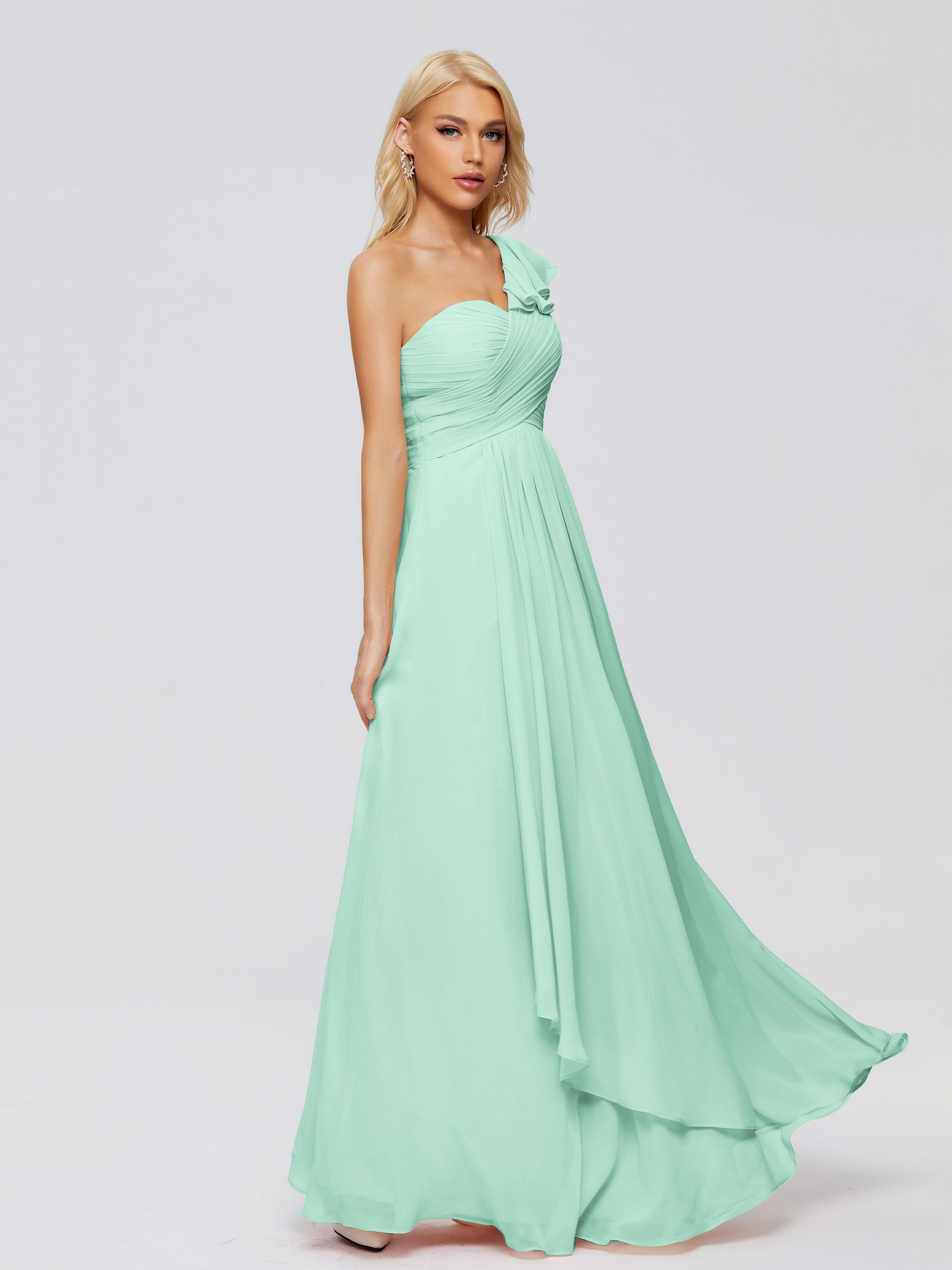 Robe Demoiselle D Honneur Menthe Seule-Épaule Mousseline Robes Demoiselle D'Honneur À Volants