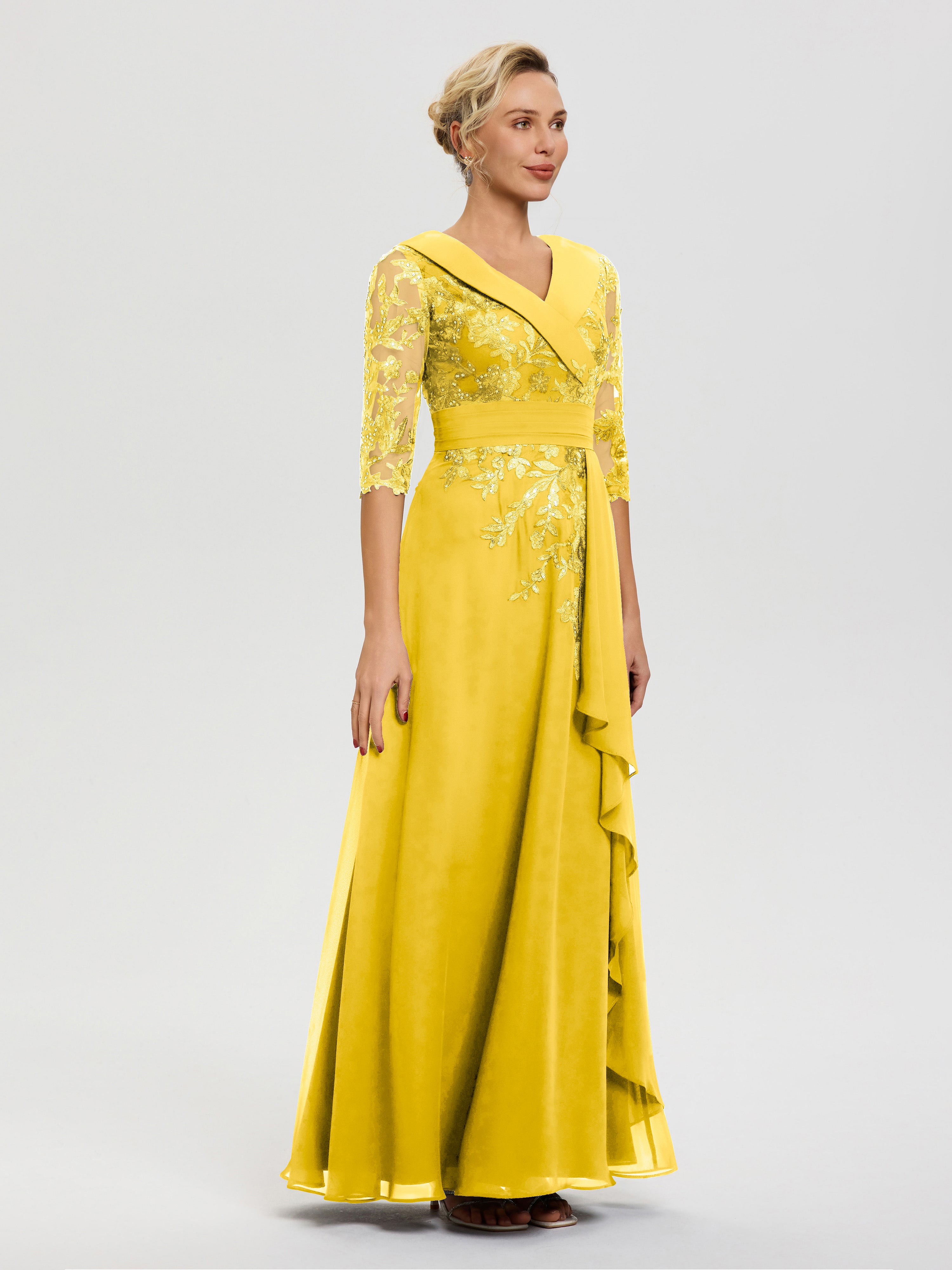 Robe Mère Mariee Souci Col V Mousseline&Dentelle Robe Cérémonie Mère De La Mariée