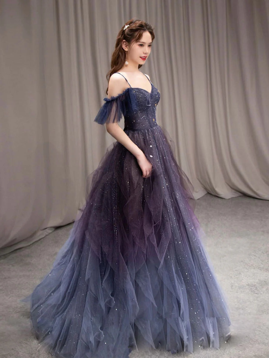 Robe de Bal Longue Dégradé Violet en Tulle Élégante Épaules Dénudées à Bretelles