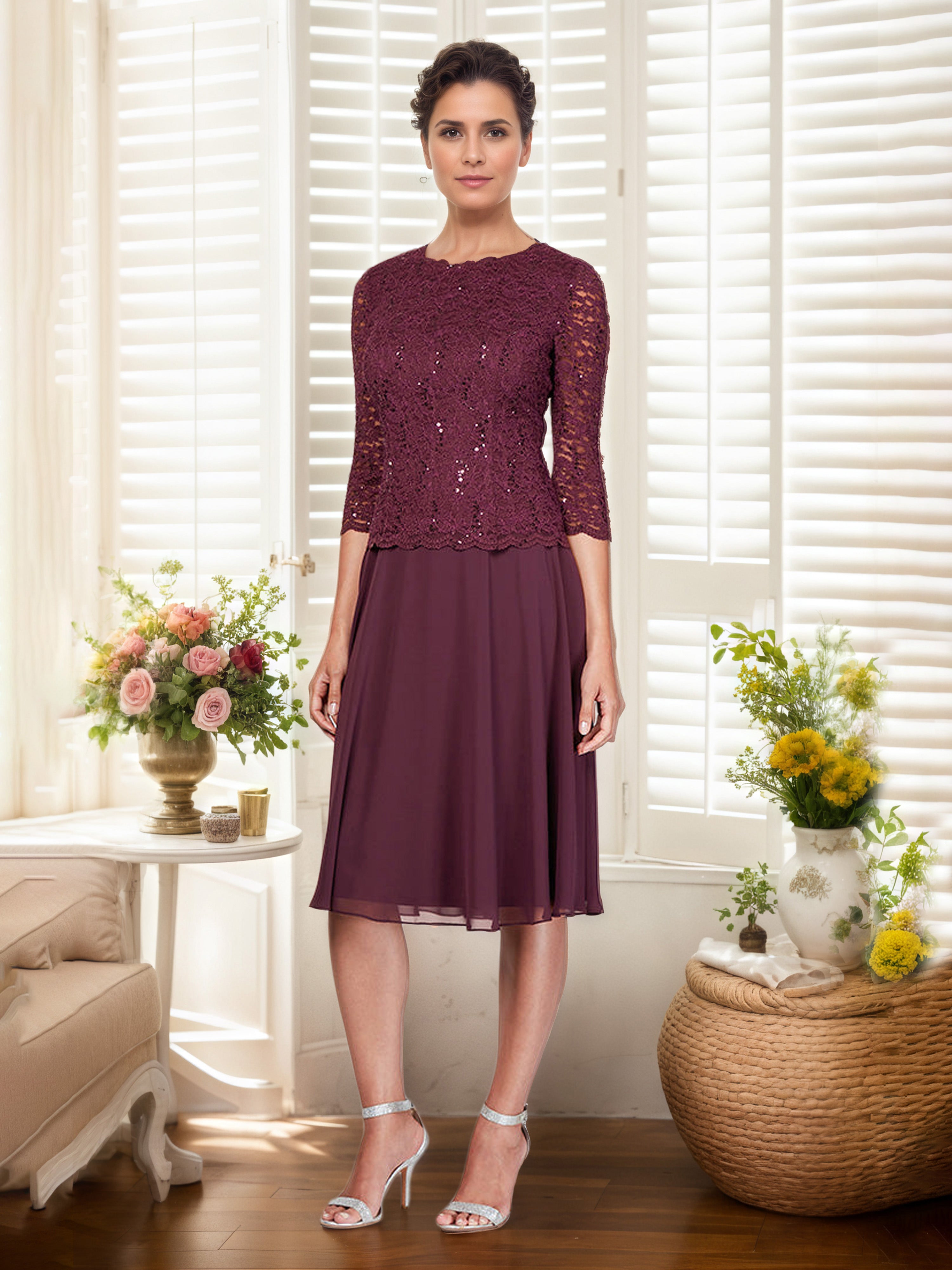 Robe Mère de la Mariée Cabernet Trapèze Col Rond Robe Mi-Longue avec Corsage en Dentelle à Paillettes