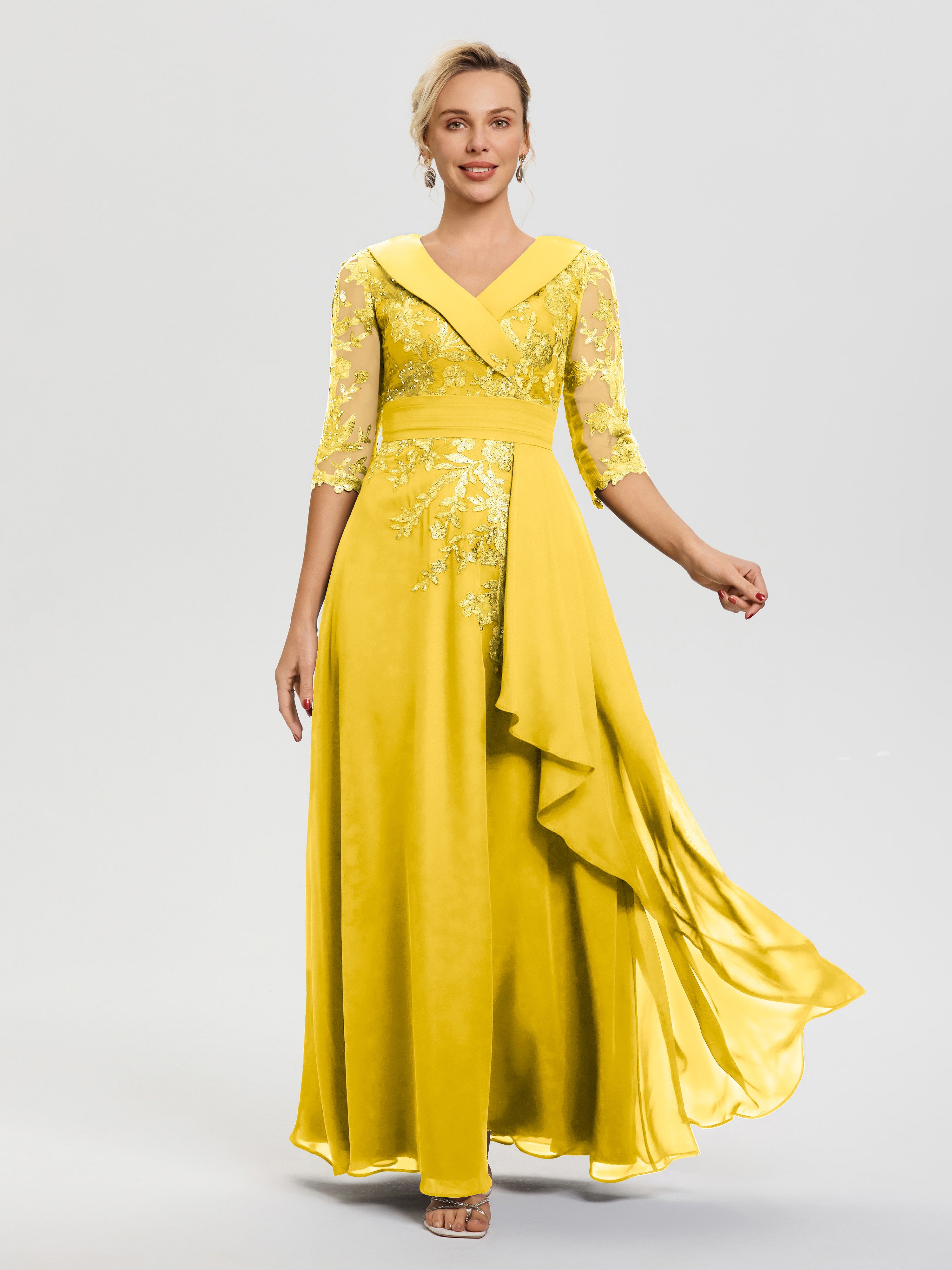 Robe Mère Mariee Souci Col V Mousseline&Dentelle Robe Cérémonie Mère De La Mariée