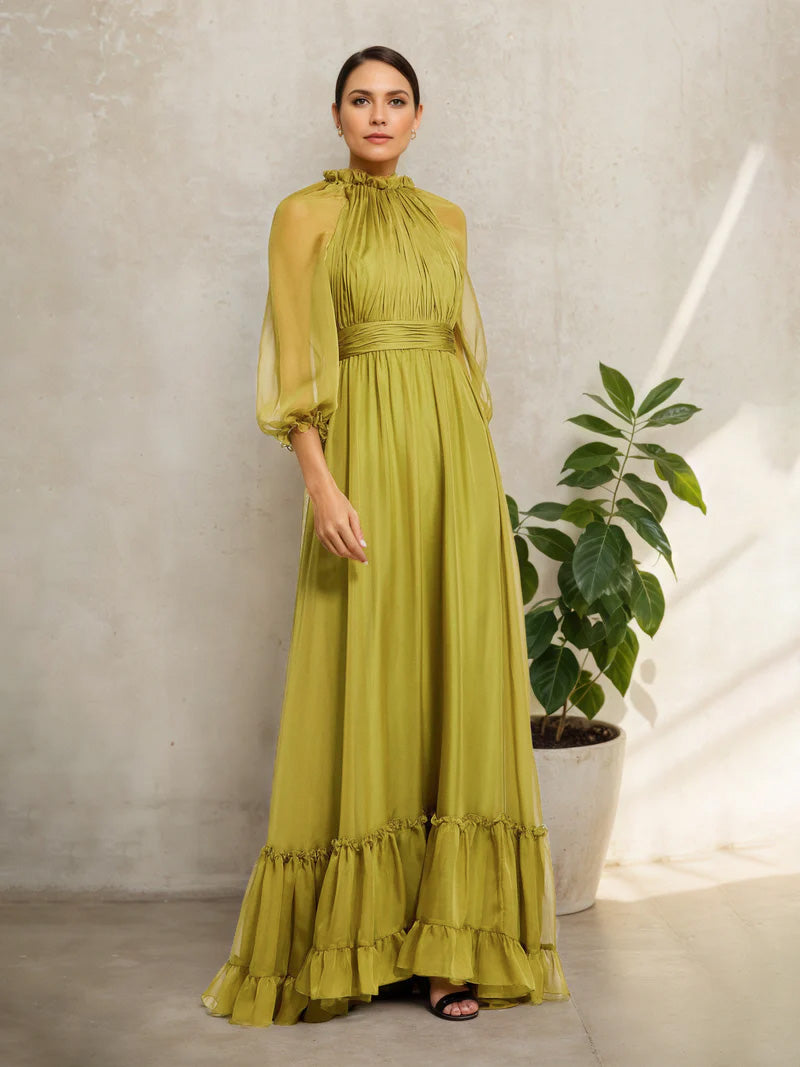 Robe Mère de la Mariée TREFLE à Col Haut Illusion Manches Trois-Quarts Dentellées