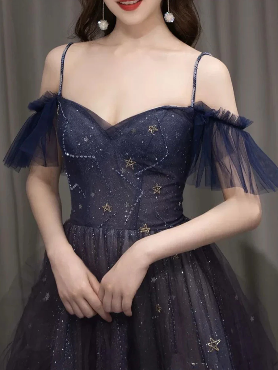 Robe de Bal Longue Dégradé Violet en Tulle Élégante Épaules Dénudées à Bretelles