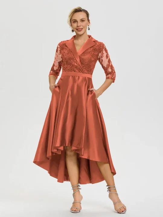 Robe Mariage Mère Du Marié Rouille Col V Asymétrique Satin & Dentelle Robe Mère De La Mariée Moderne