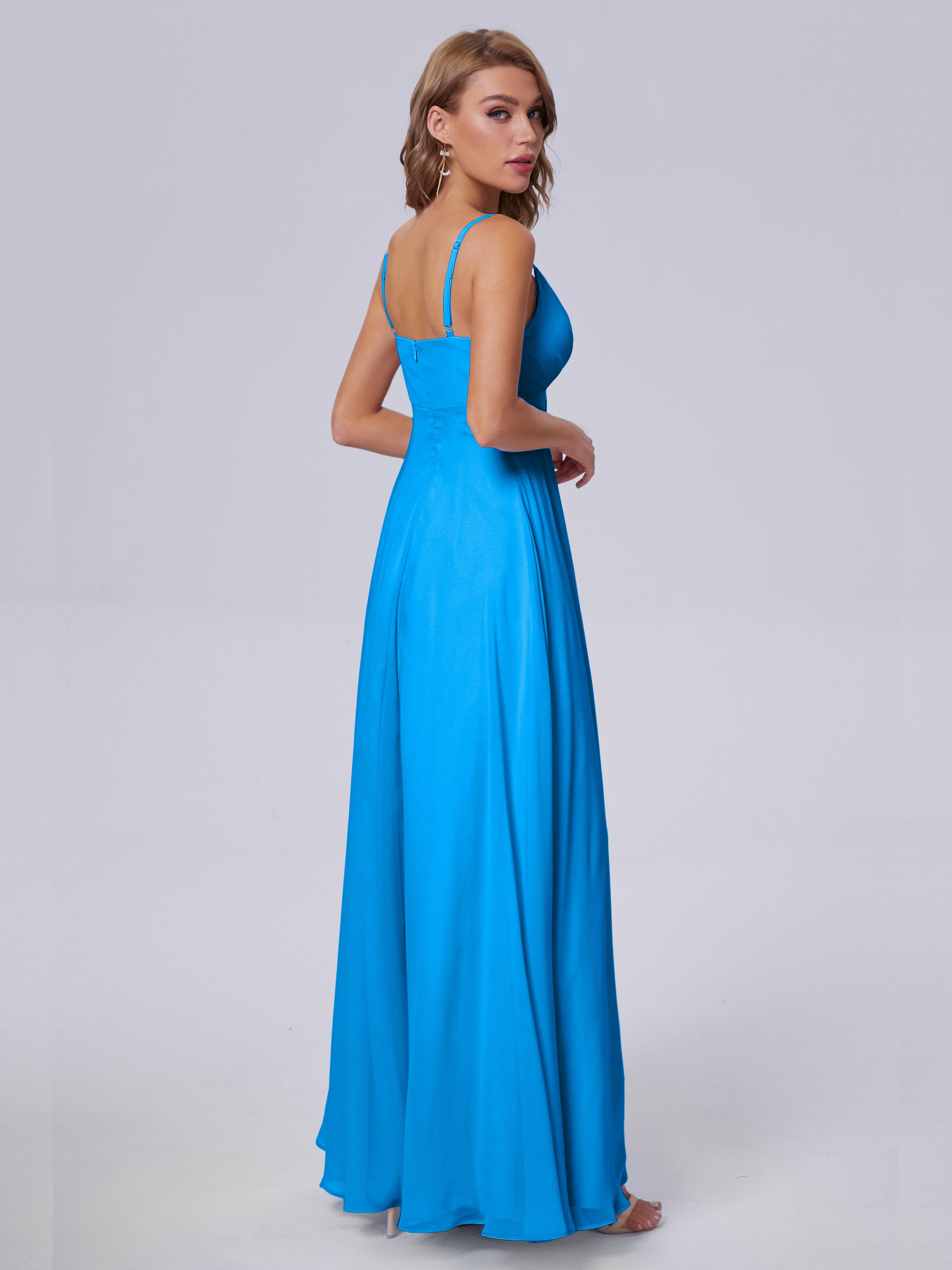 Robes De Demoiselle D'Honneur Bleu Océan Classique Bretelles Spaghetti Mousseline Robes Demoiselle D'Honneur