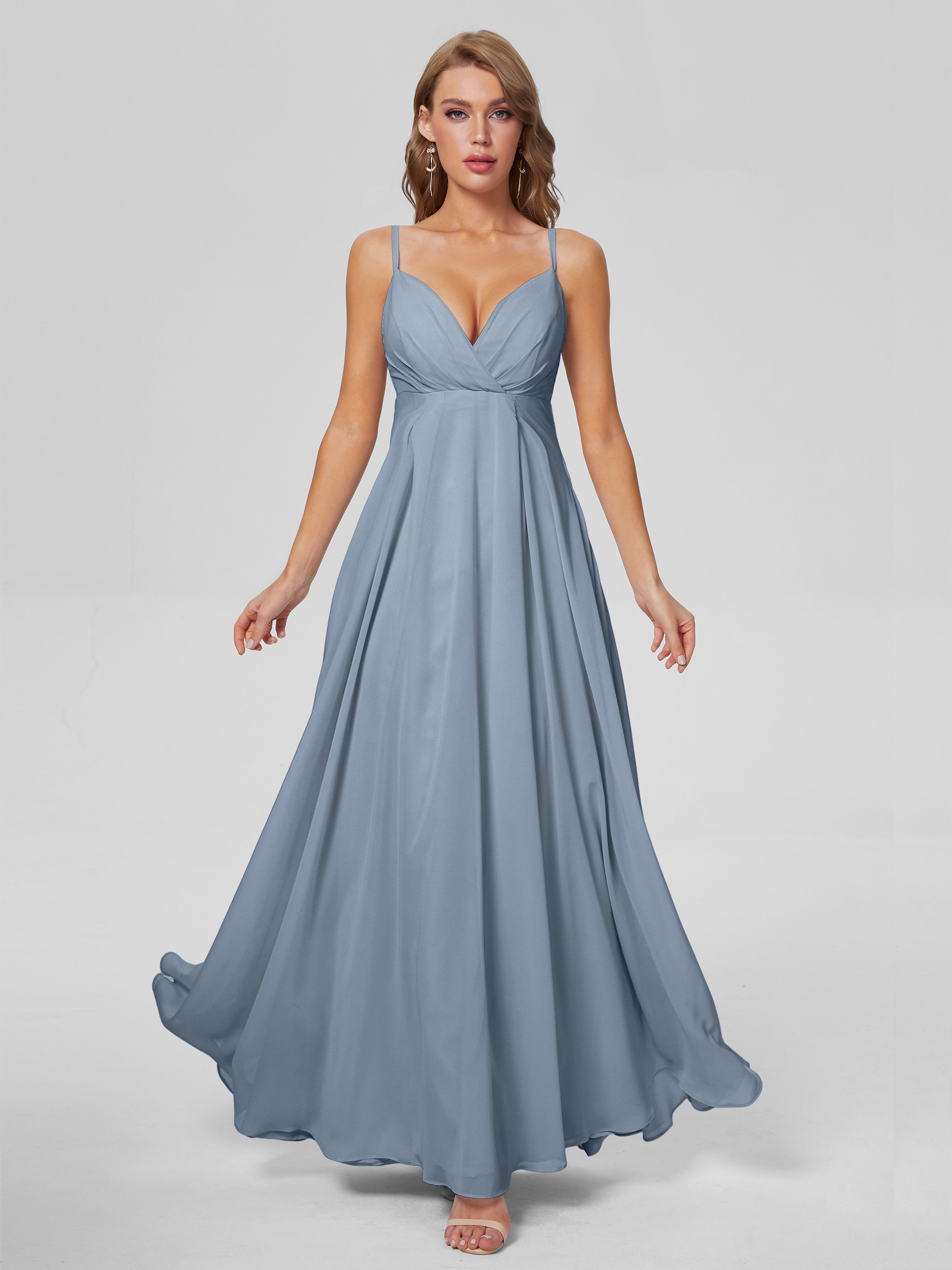 Robe Demoiselle D Honneur Bleu Poussiereux Classique Bretelles Spaghetti Mousseline Robes Demoiselle D'Honneur