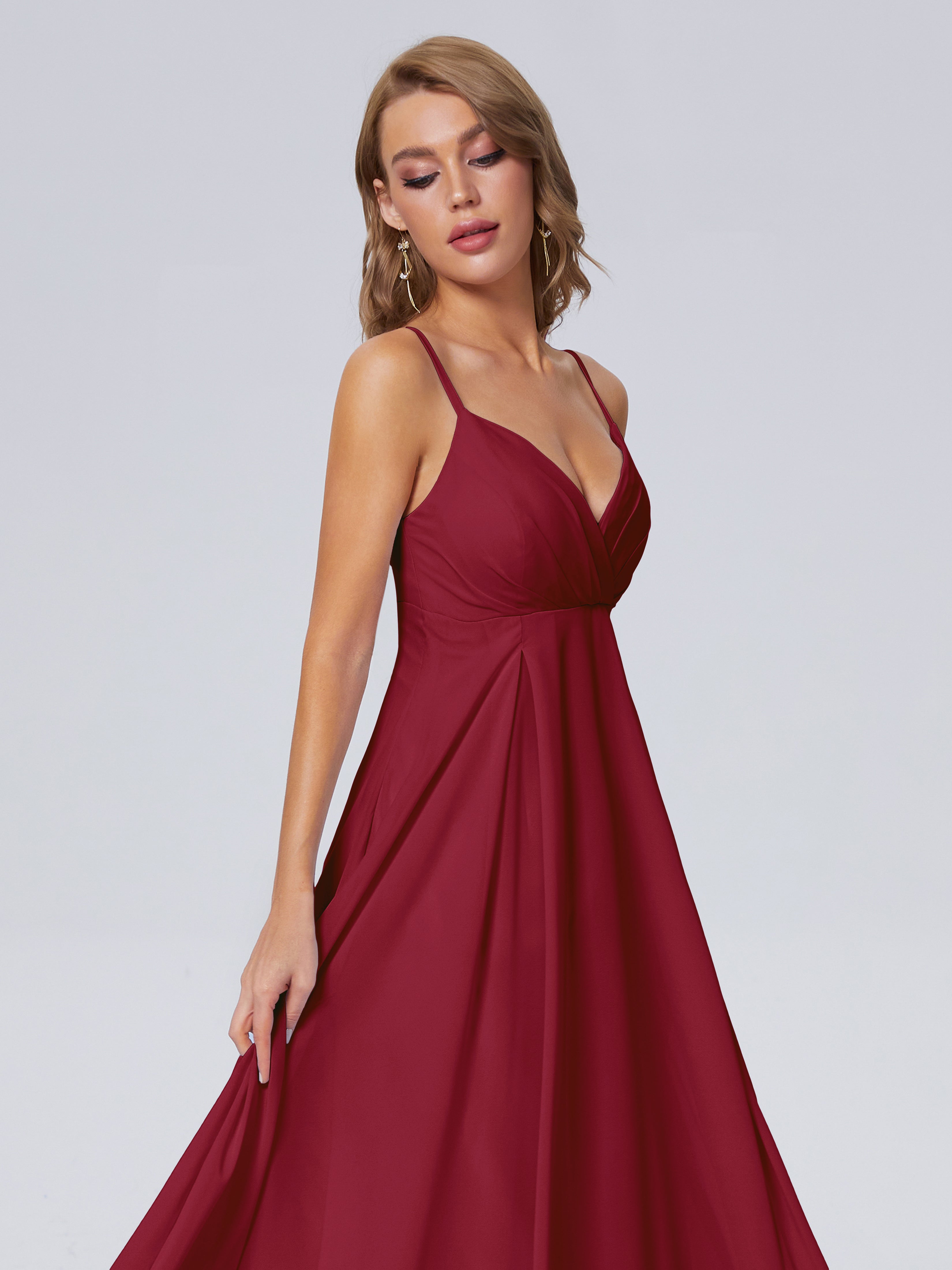 Robe Bordeaux Demoiselle D Honneur Classique Bretelles Spaghetti Mousseline Robes Demoiselle D'Honneur