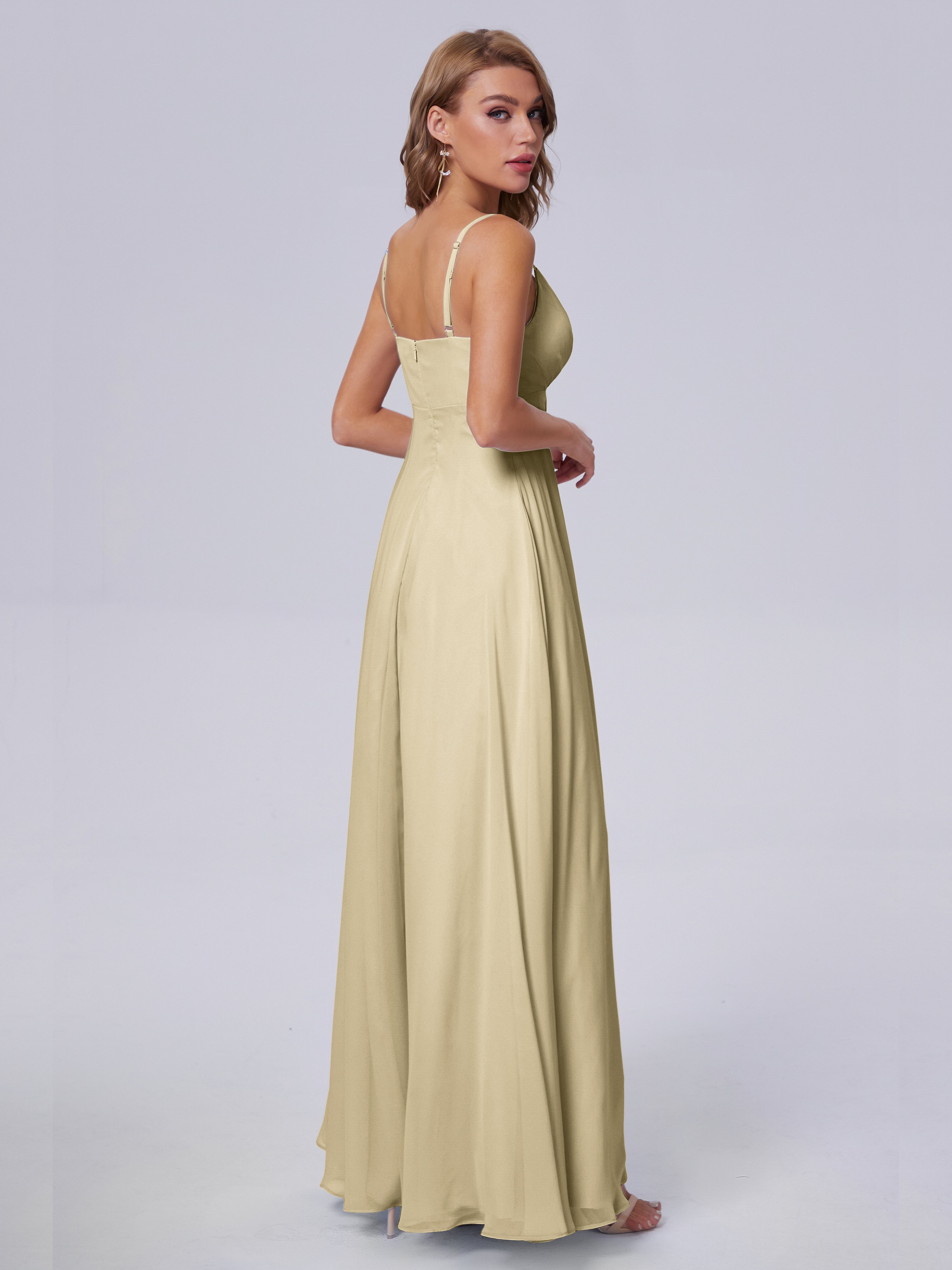 Robe Demoiselle D Honneur Couleur Champagne Classique Bretelles Spaghetti Mousseline Robes Demoiselle D'Honneur