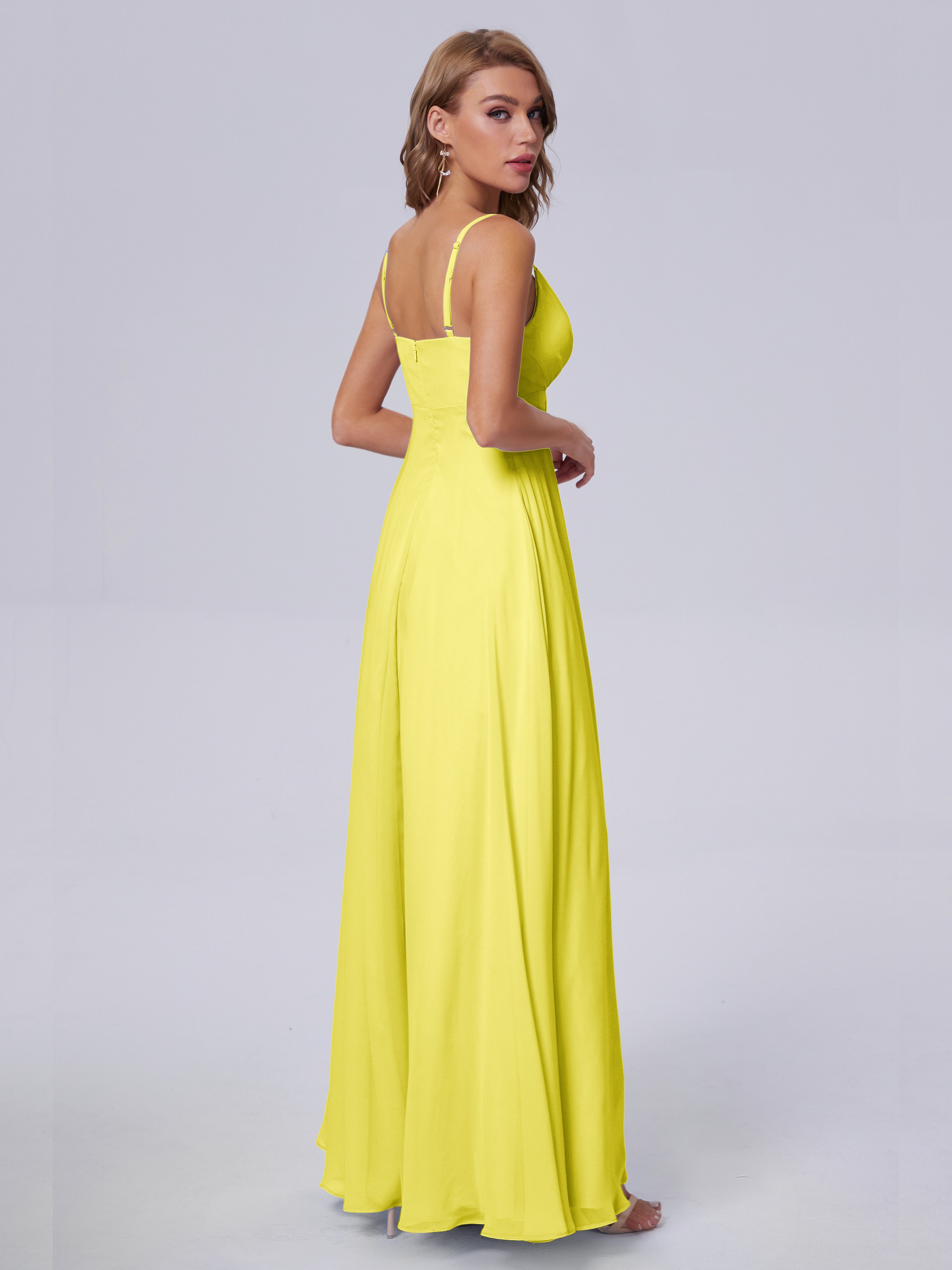 Robes De Demoiselle D'Honneur Citron Classique Bretelles Spaghetti Mousseline Robes Demoiselle D'Honneur