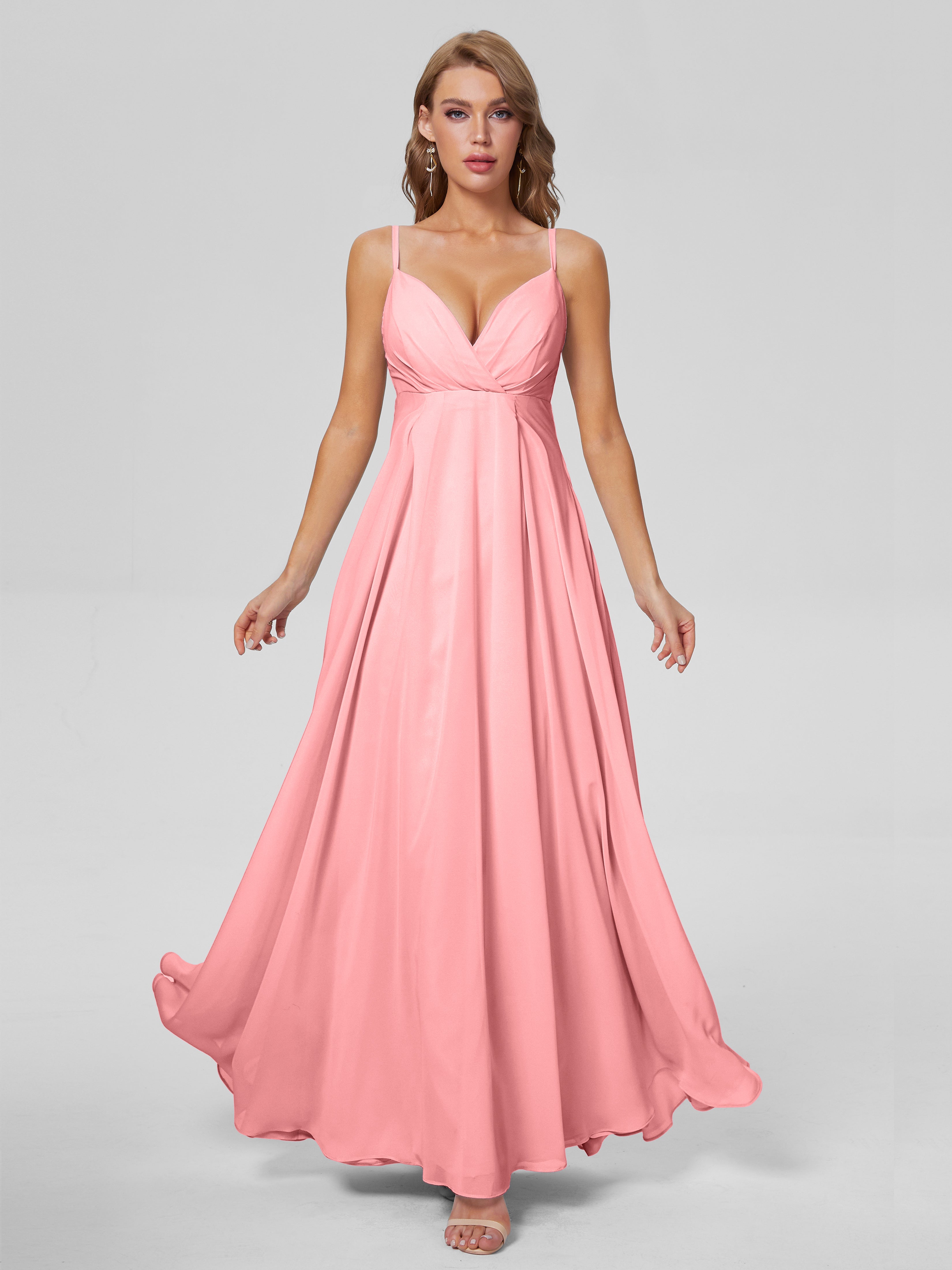 Robes De Demoiselle D'Honneur En Flamant Classique Bretelles Spaghetti Mousseline Robes Demoiselle D'Honneur