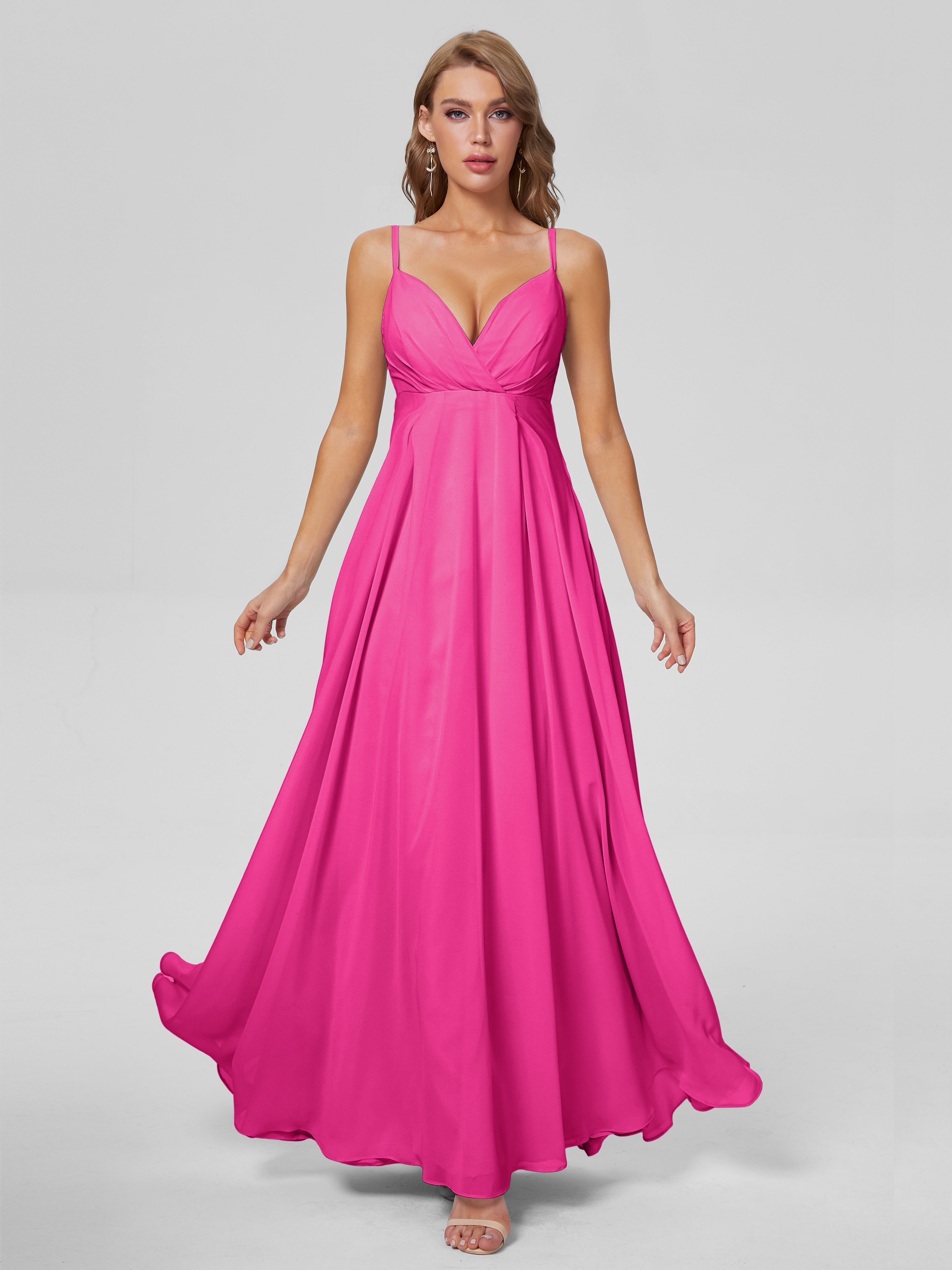 Robe Demoiselle D Honneur Rose Fuchsia Classique Bretelles Spaghetti Mousseline Robes Demoiselle D'Honneur