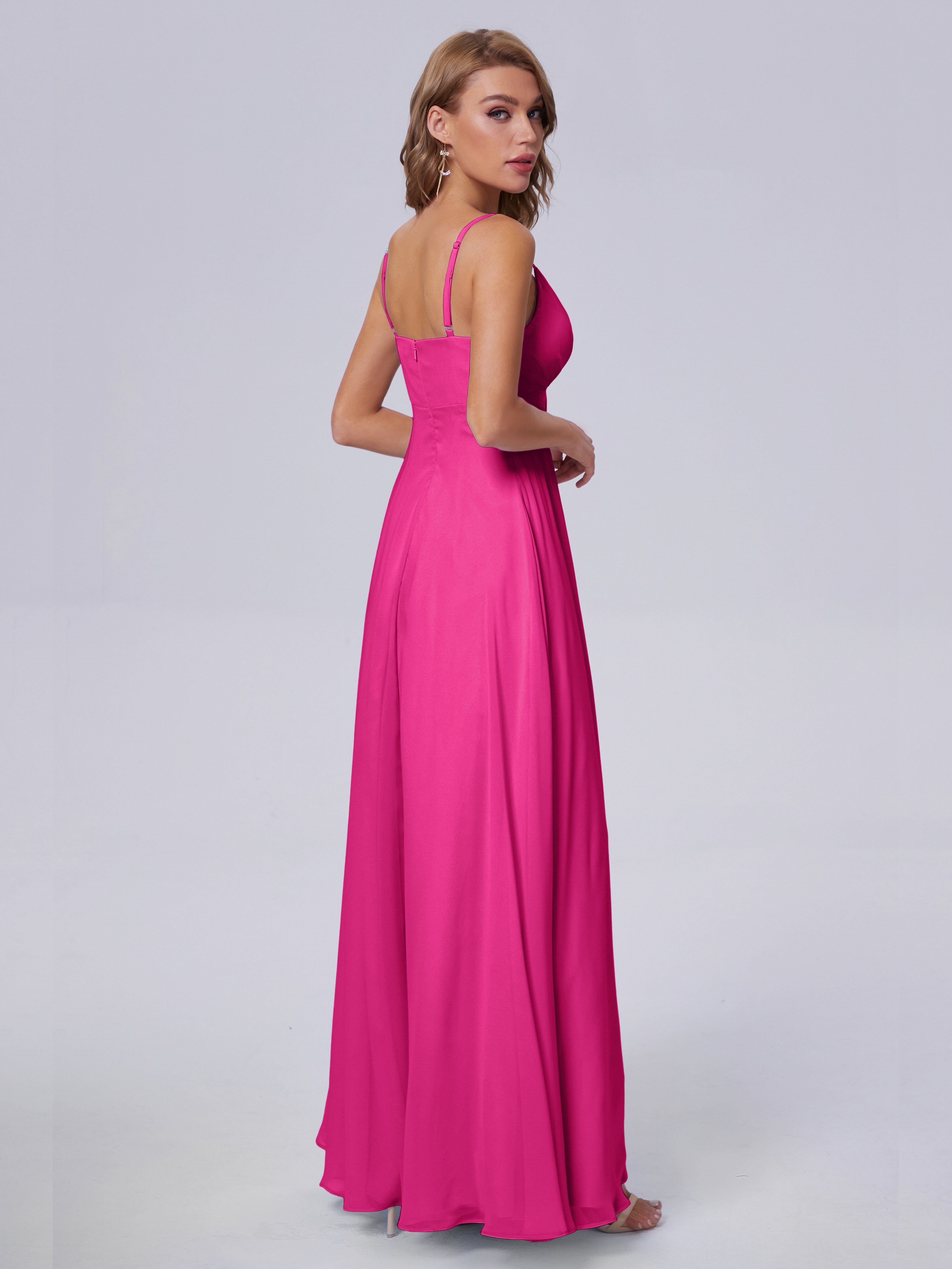 Robe Demoiselle D Honneur Rose Fuchsia Classique Bretelles Spaghetti Mousseline Robes Demoiselle D'Honneur