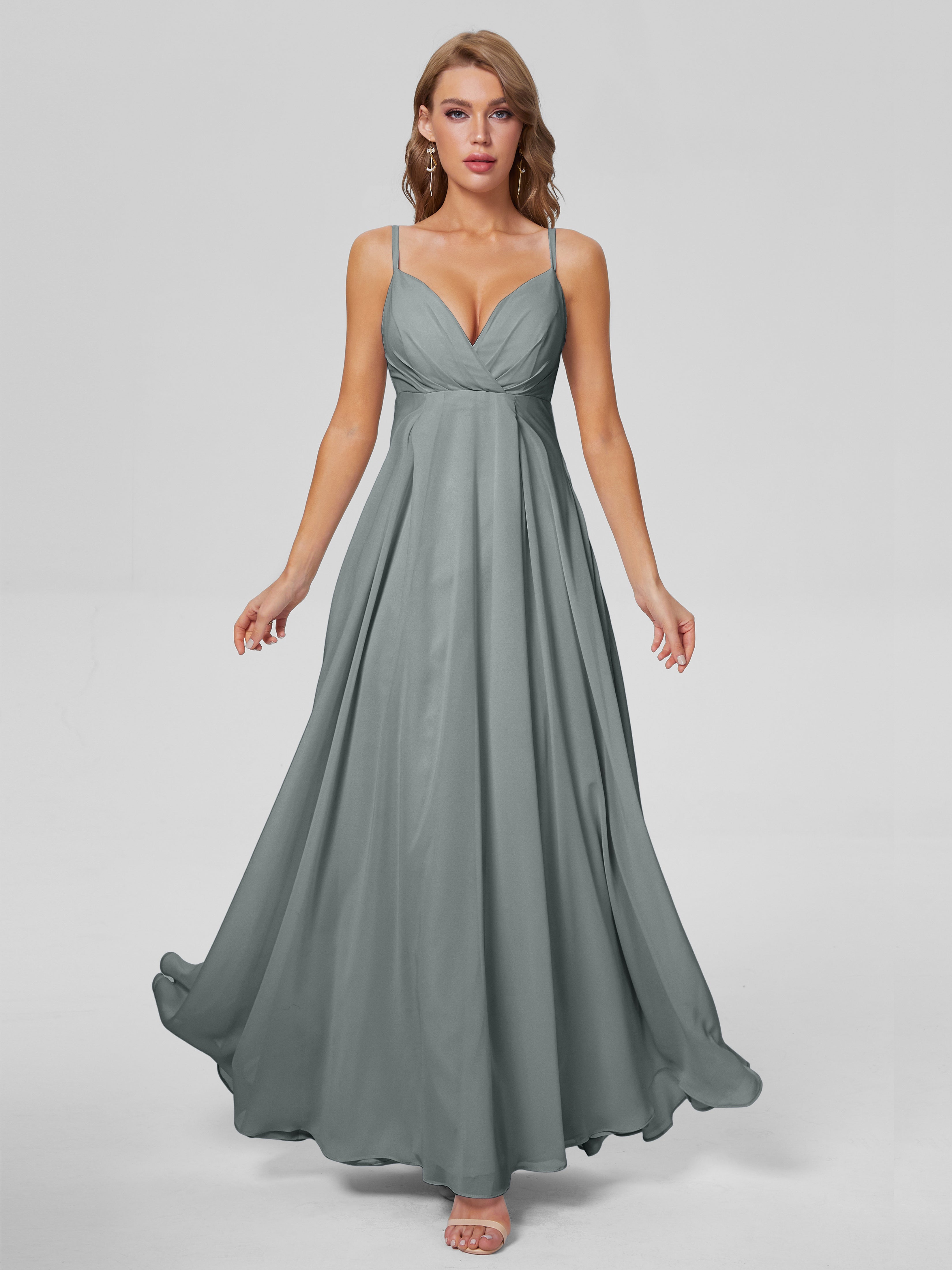 Robe Demoiselle D Honneur Gris Classique Bretelles Spaghetti Mousseline Robes Demoiselle D'Honneur