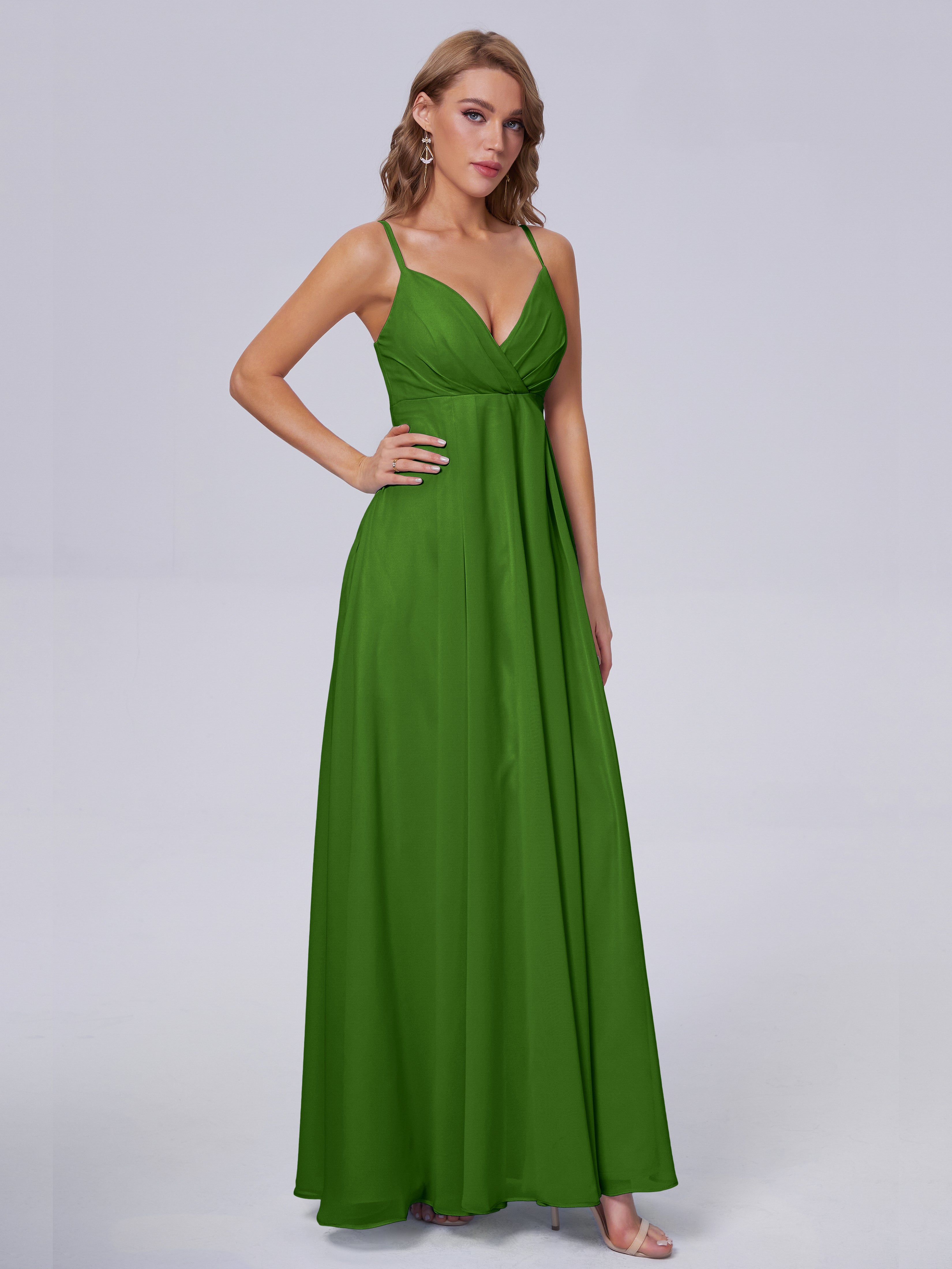 Robes De Demoiselle D'Honneur Vert Mousse Classique Bretelles Spaghetti Mousseline Robes Demoiselle D'Honneur