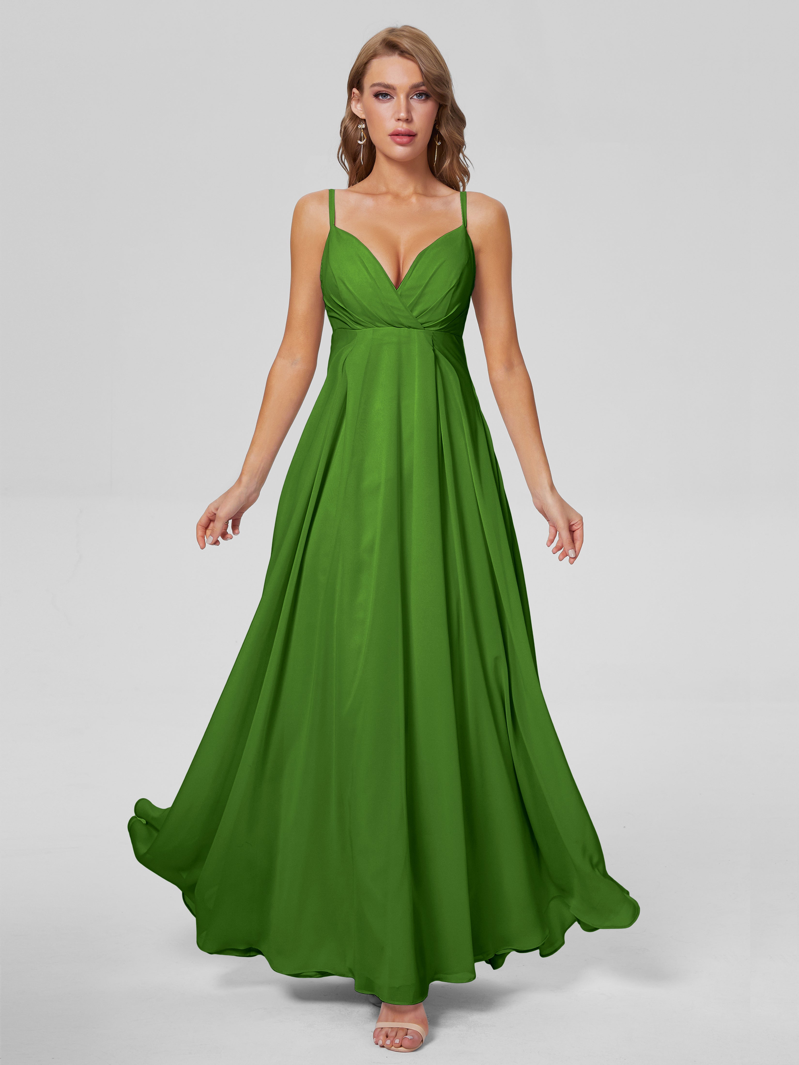 Robes De Demoiselle D'Honneur Vert Mousse Classique Bretelles Spaghetti Mousseline Robes Demoiselle D'Honneur