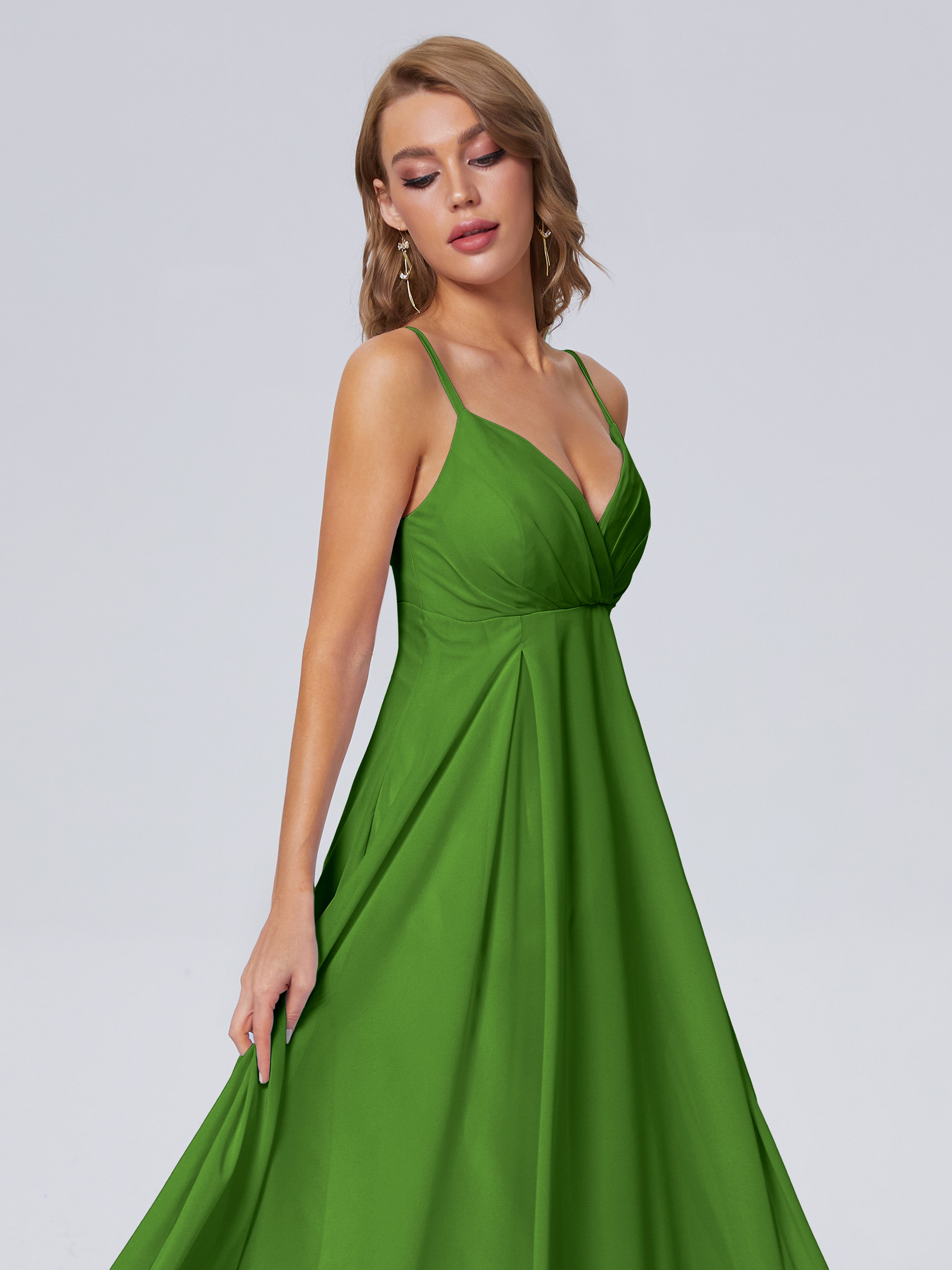 Robes De Demoiselle D'Honneur Vert Mousse Classique Bretelles Spaghetti Mousseline Robes Demoiselle D'Honneur