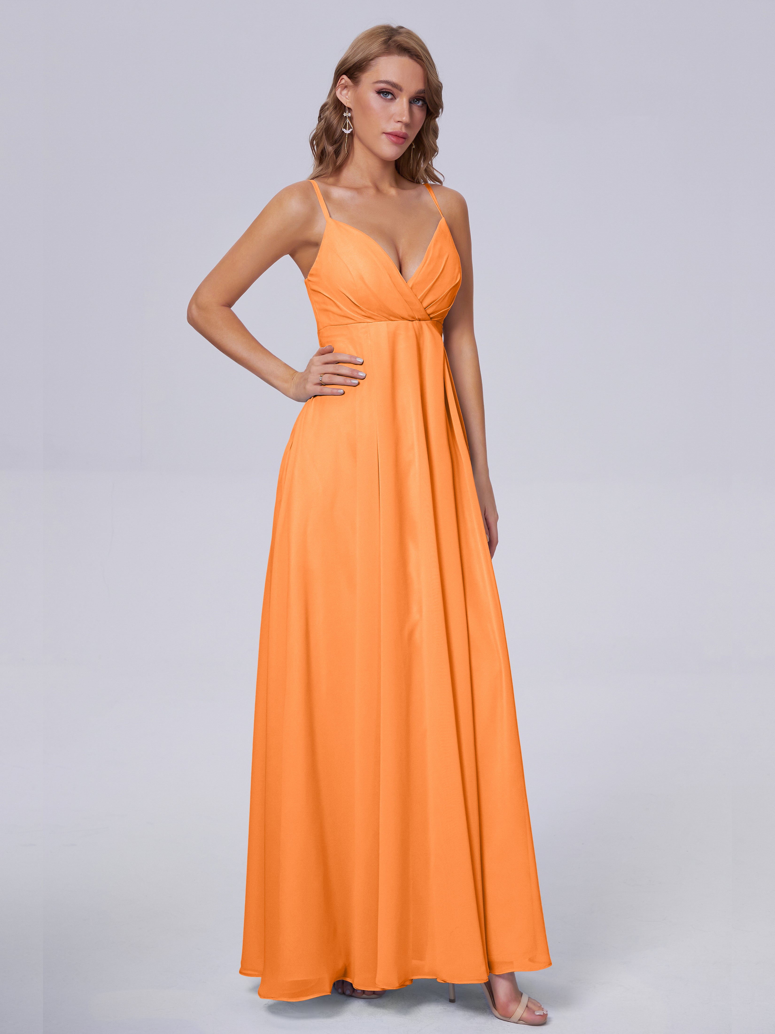 Robe Mousseline Orange Classique Bretelles Spaghetti Mousseline Robes