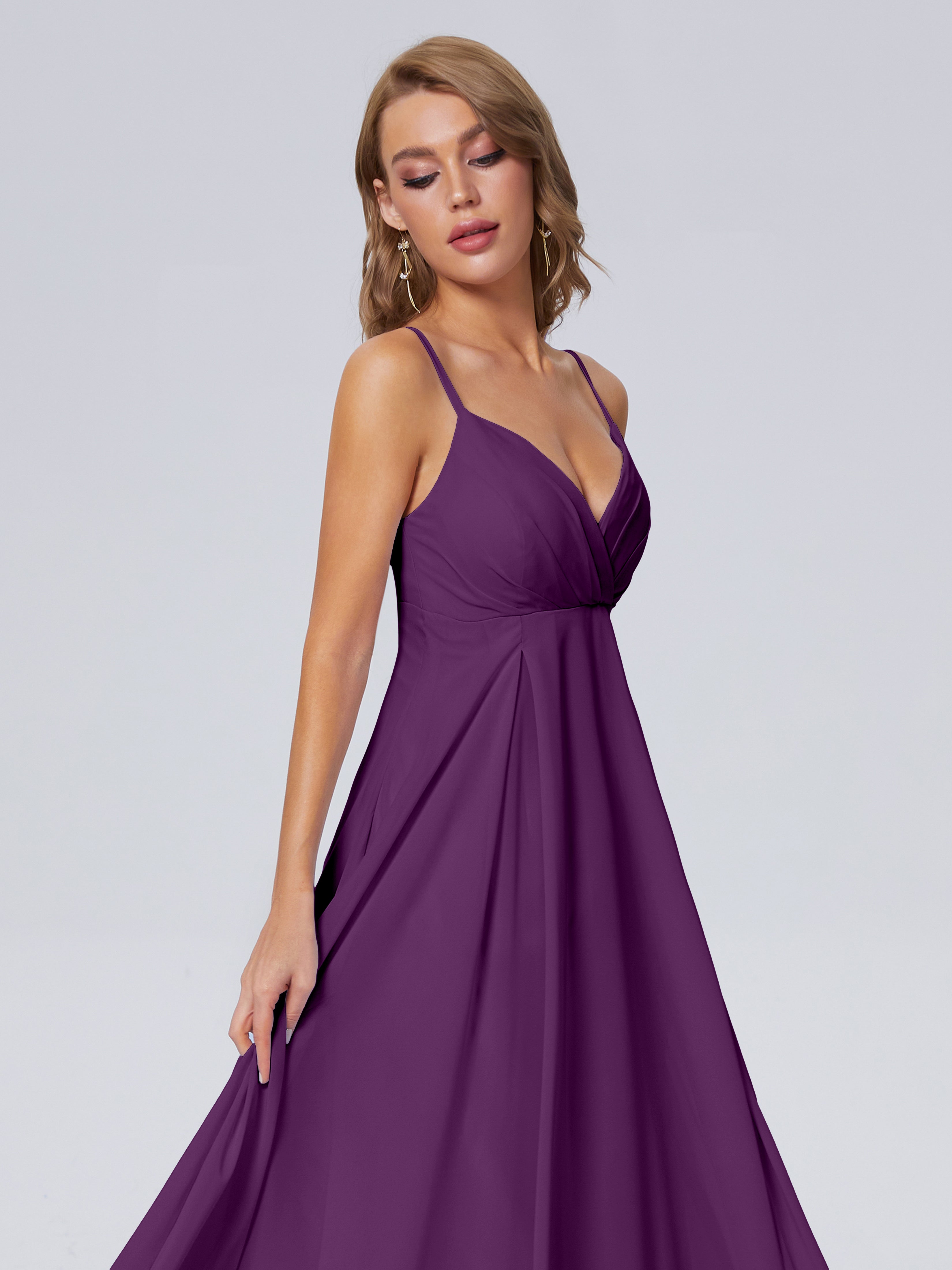 Robes De Demoiselle D'Honneur En Raisin Classique Bretelles Spaghetti Mousseline Robes Demoiselle D'Honneur
