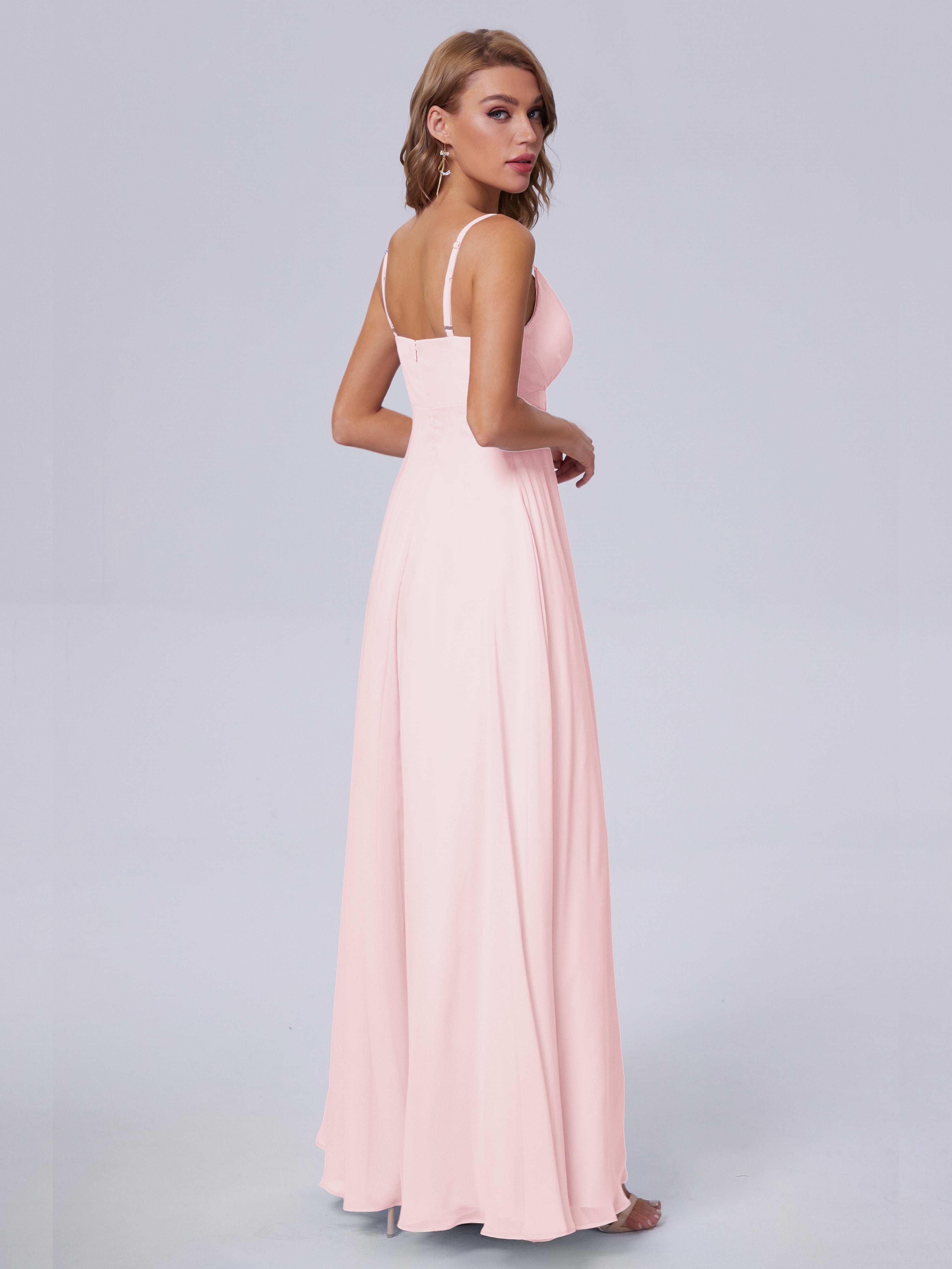 Robes Demoiselles D Honneur Rose Pale Classique Bretelles Spaghetti Mousseline Robes Demoiselle D'Honneur